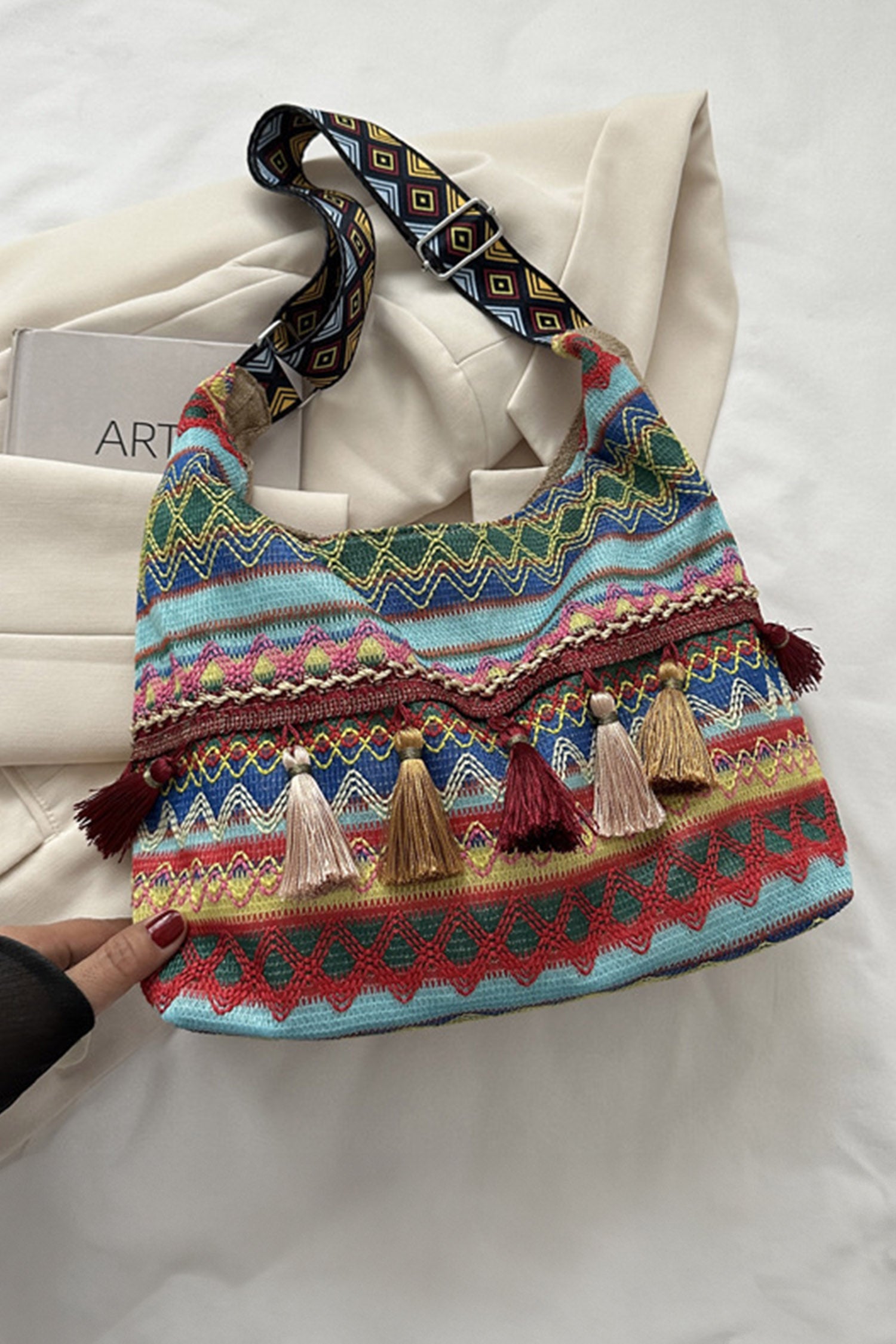 Beau Blue Boho Geometric Pattern Tassel Detail Canvas Tote Bag