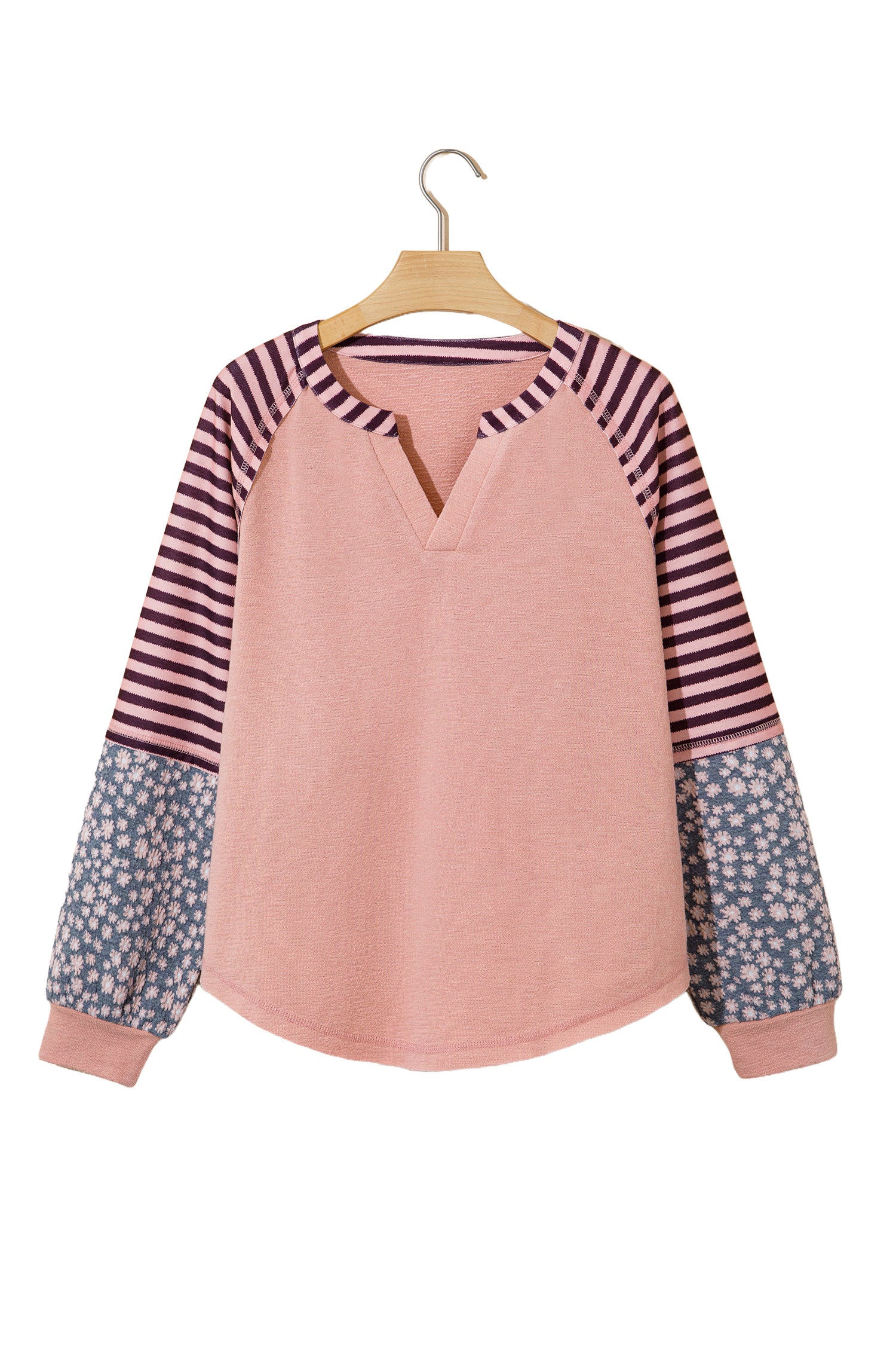 Light Pink V Neck Colorblock Patchwork Striped Floral Long Sleeve Casual Top