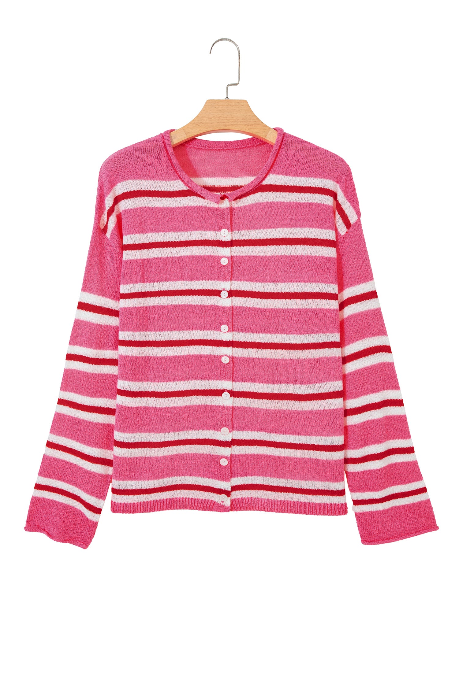 Pink Stripe Striped Drop Shoulder Button Cardigan