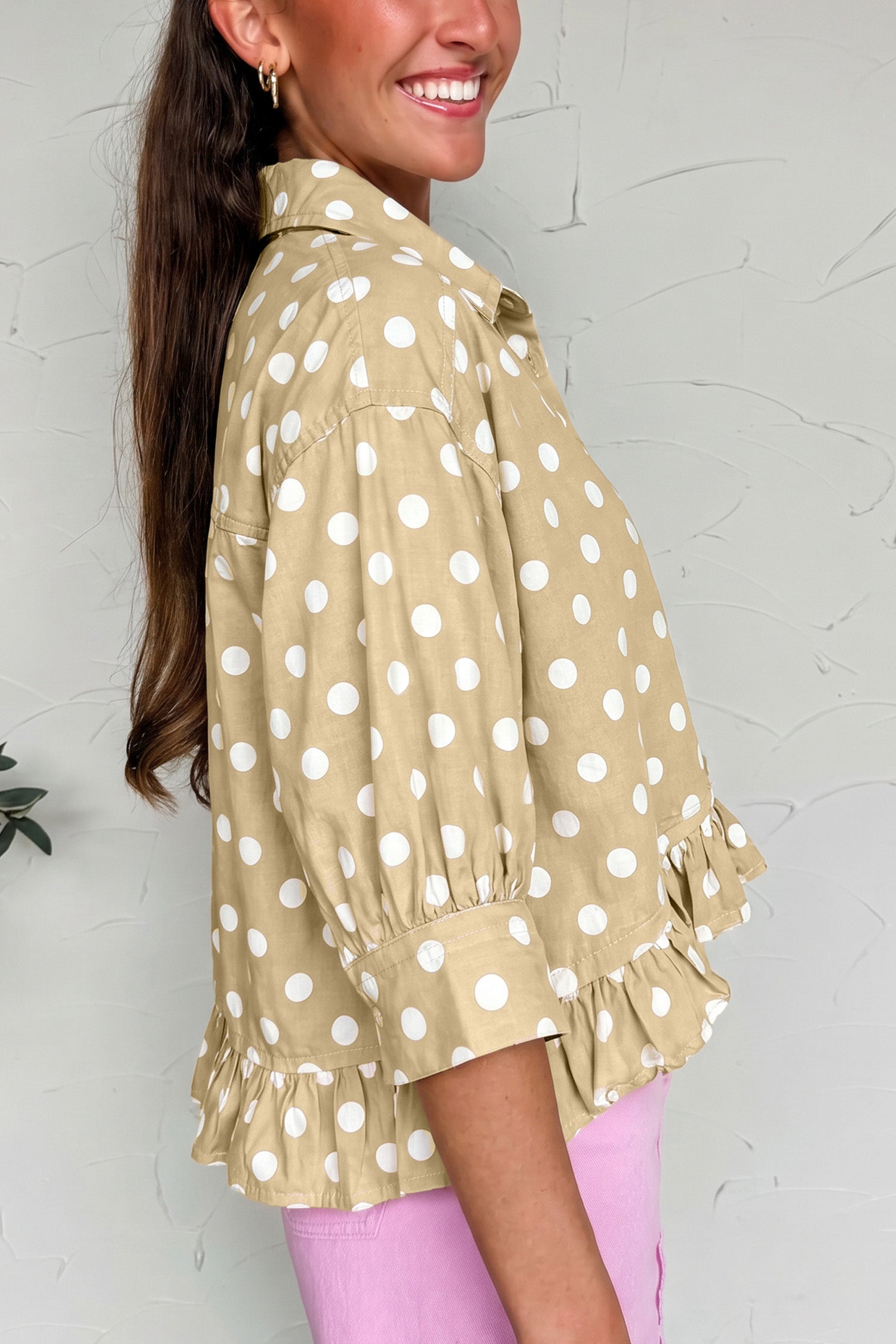 Khaki Polka Dot Print Three Quarter Sleeve Ruffle Hem Casual Shirt