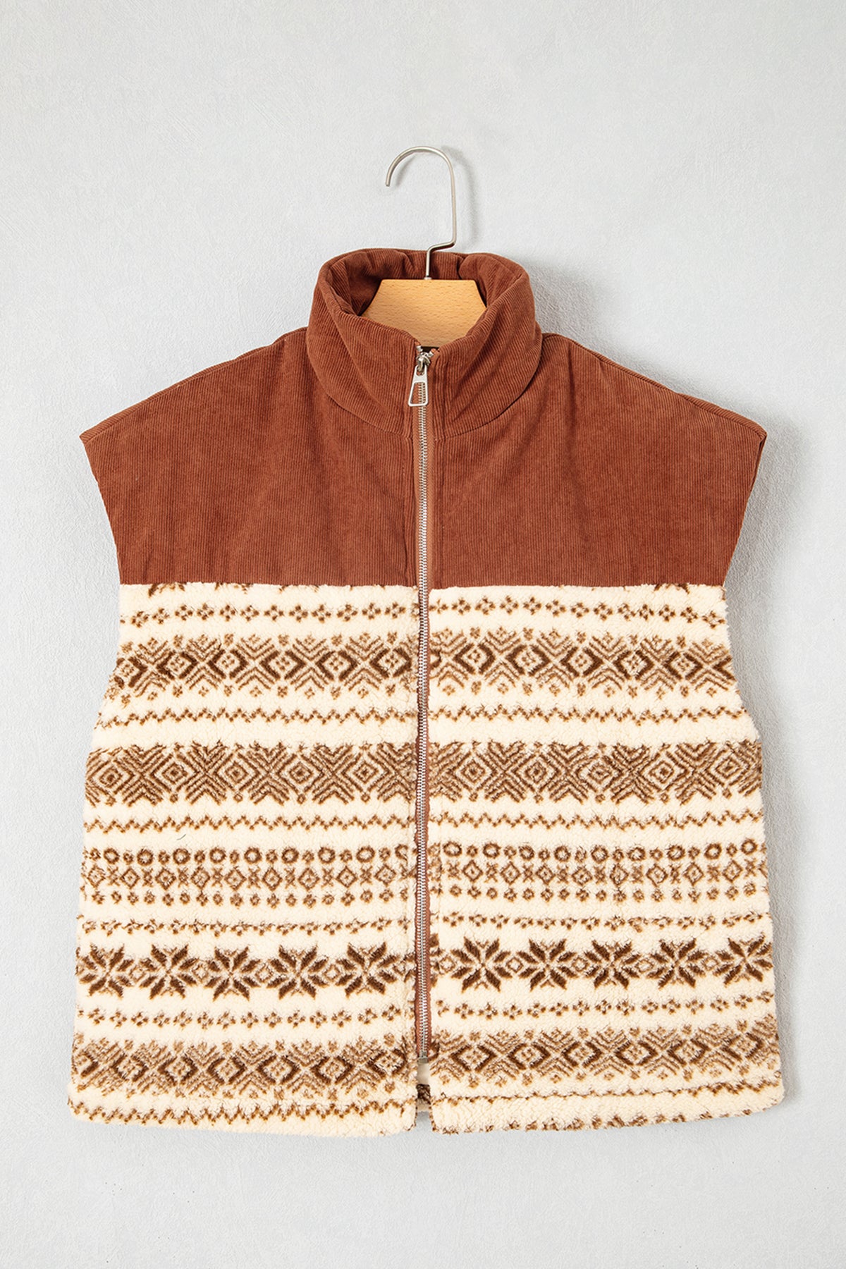 Brown Geometric Print Fleece Metal Zipper Collar Patchwork Design Vest