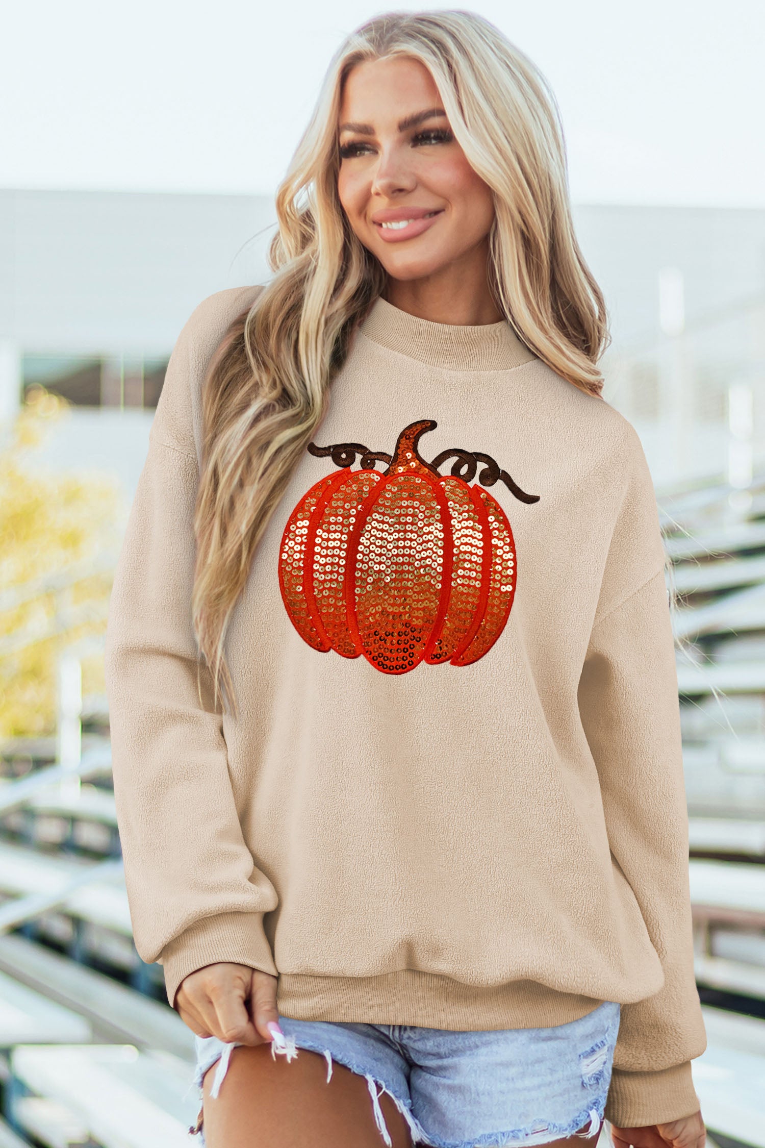 Apricot Sequined Pumpkin Graphic High Neck Baggy Sweatshirt