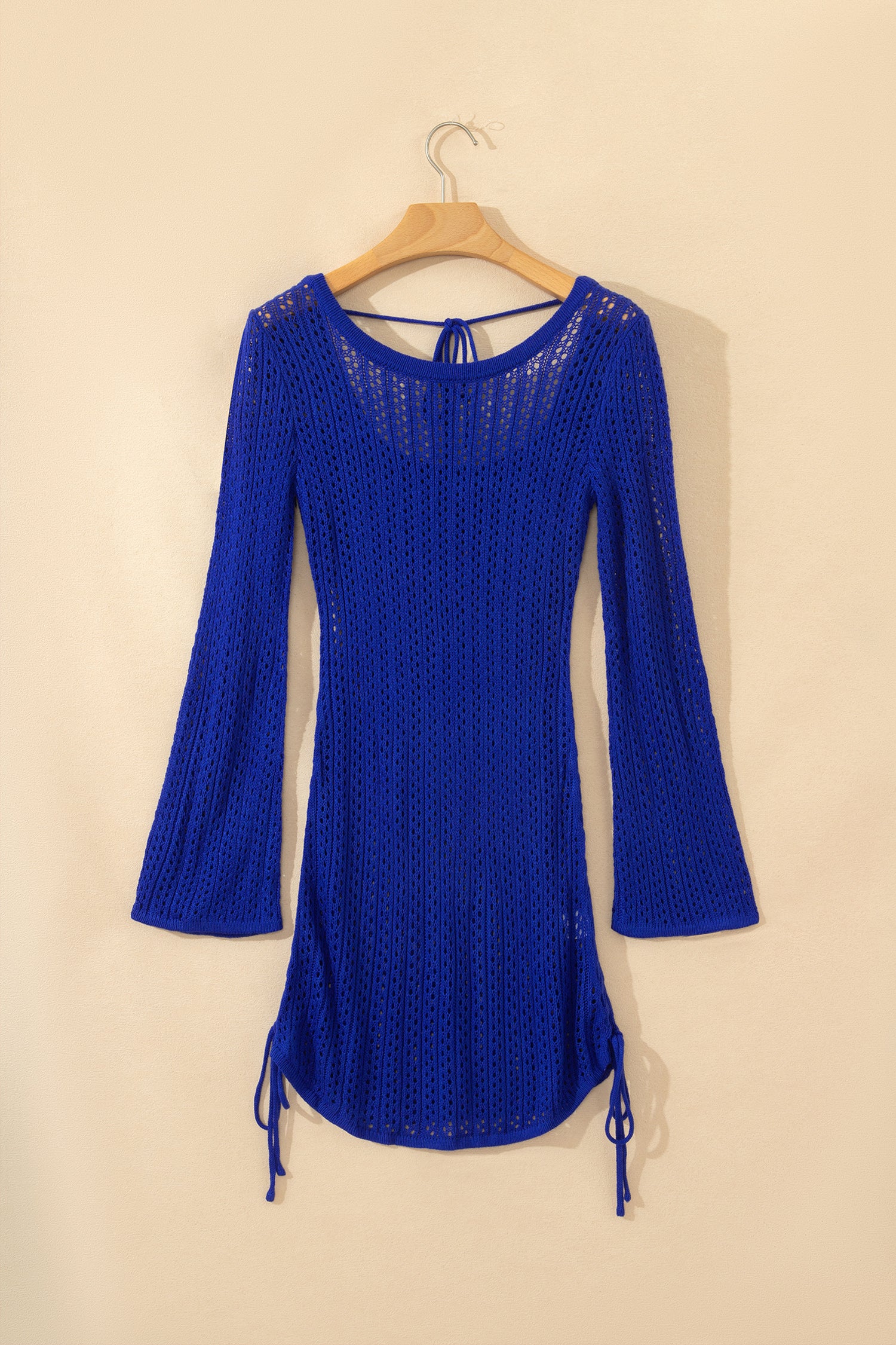 Dark Blue Hollowout Knit Bell Sleeve Drawstring Short Beach dress
