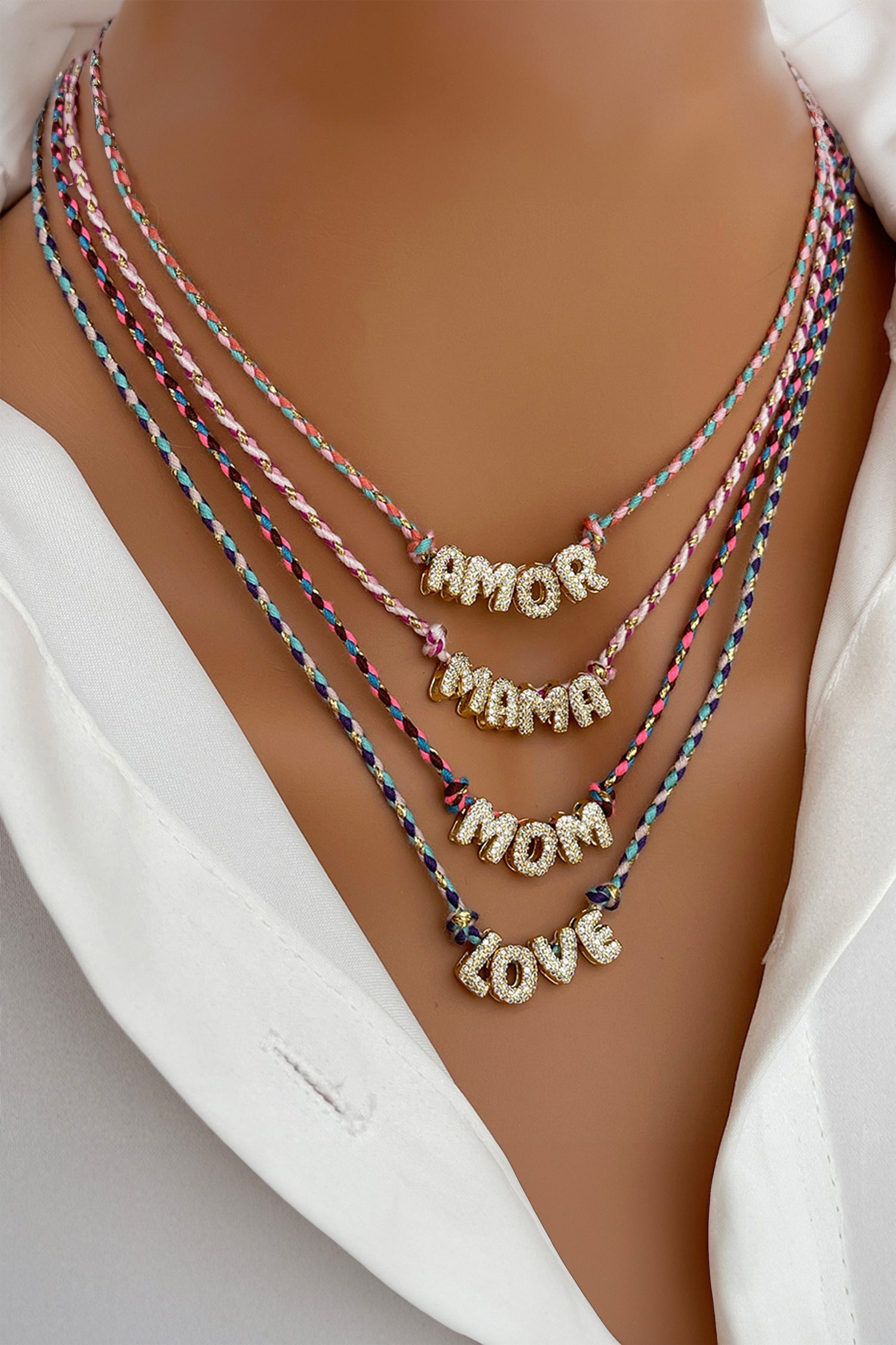 Pink Woven Cord Rhinestone MAMA Charm Necklace