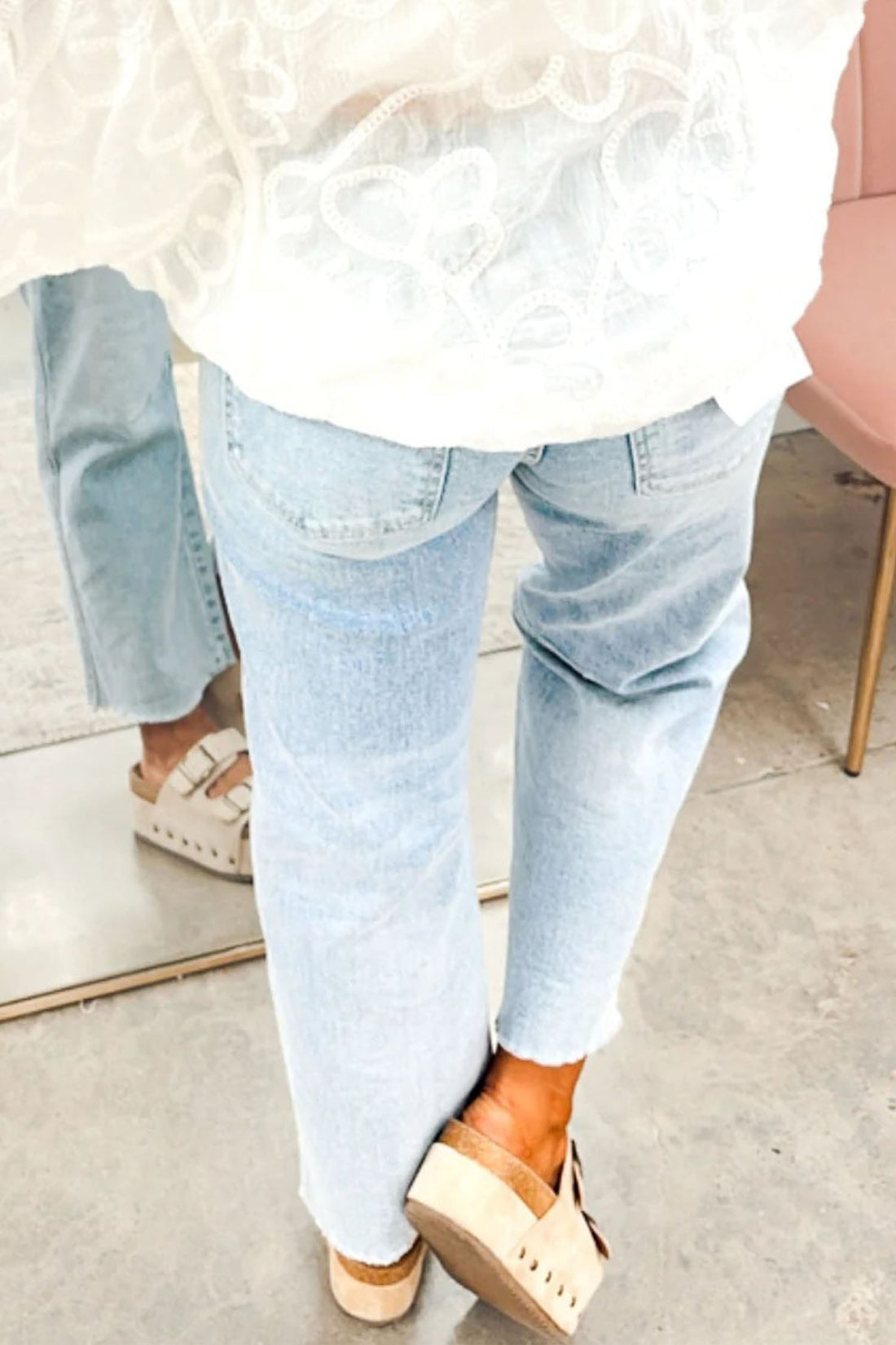 Beau Blue Turquoise Embroidered Patch Jeans Raw Hem Ankle-length Jeans