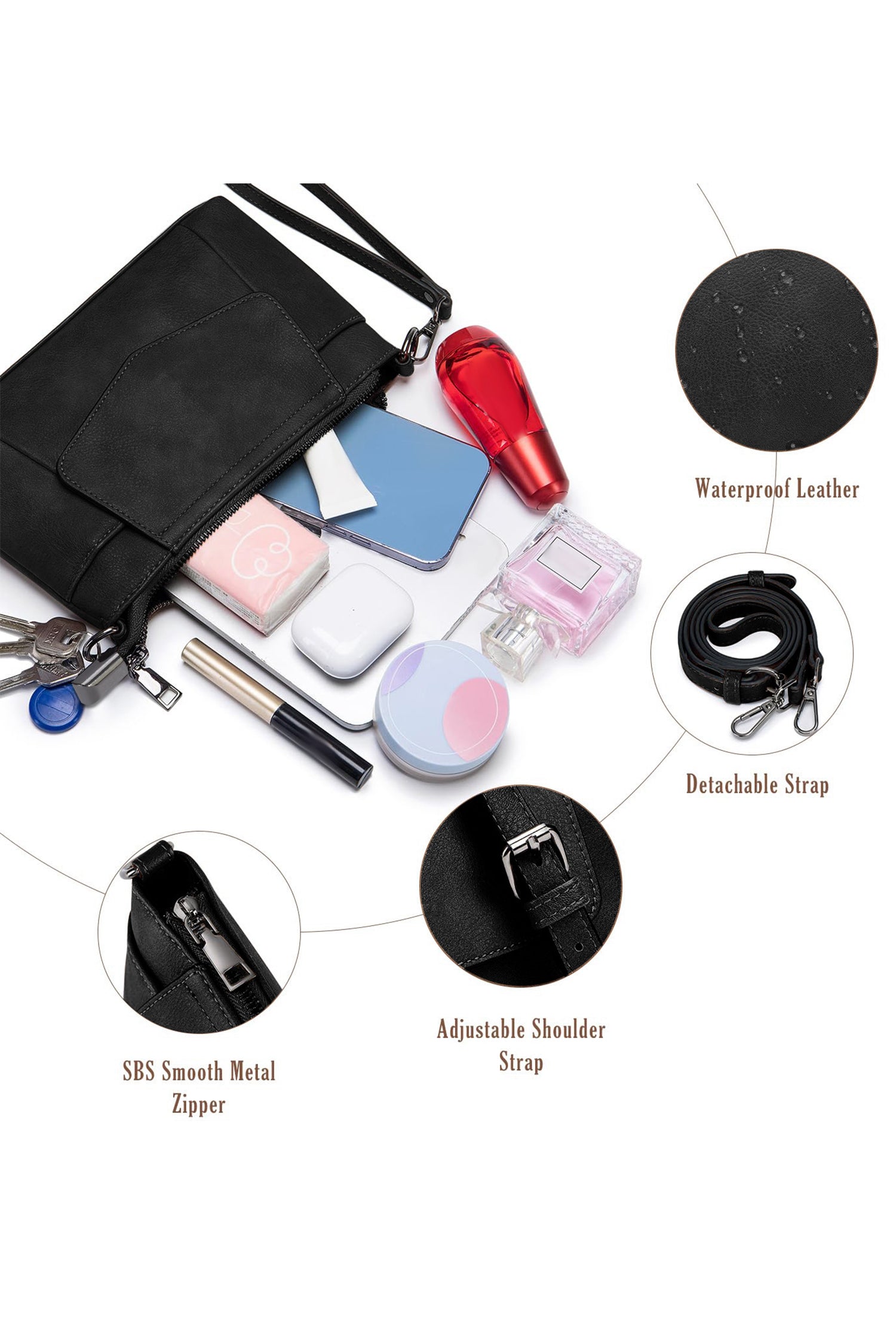 Color black PU Leather Convertible Clutch Single Shoulder Bag