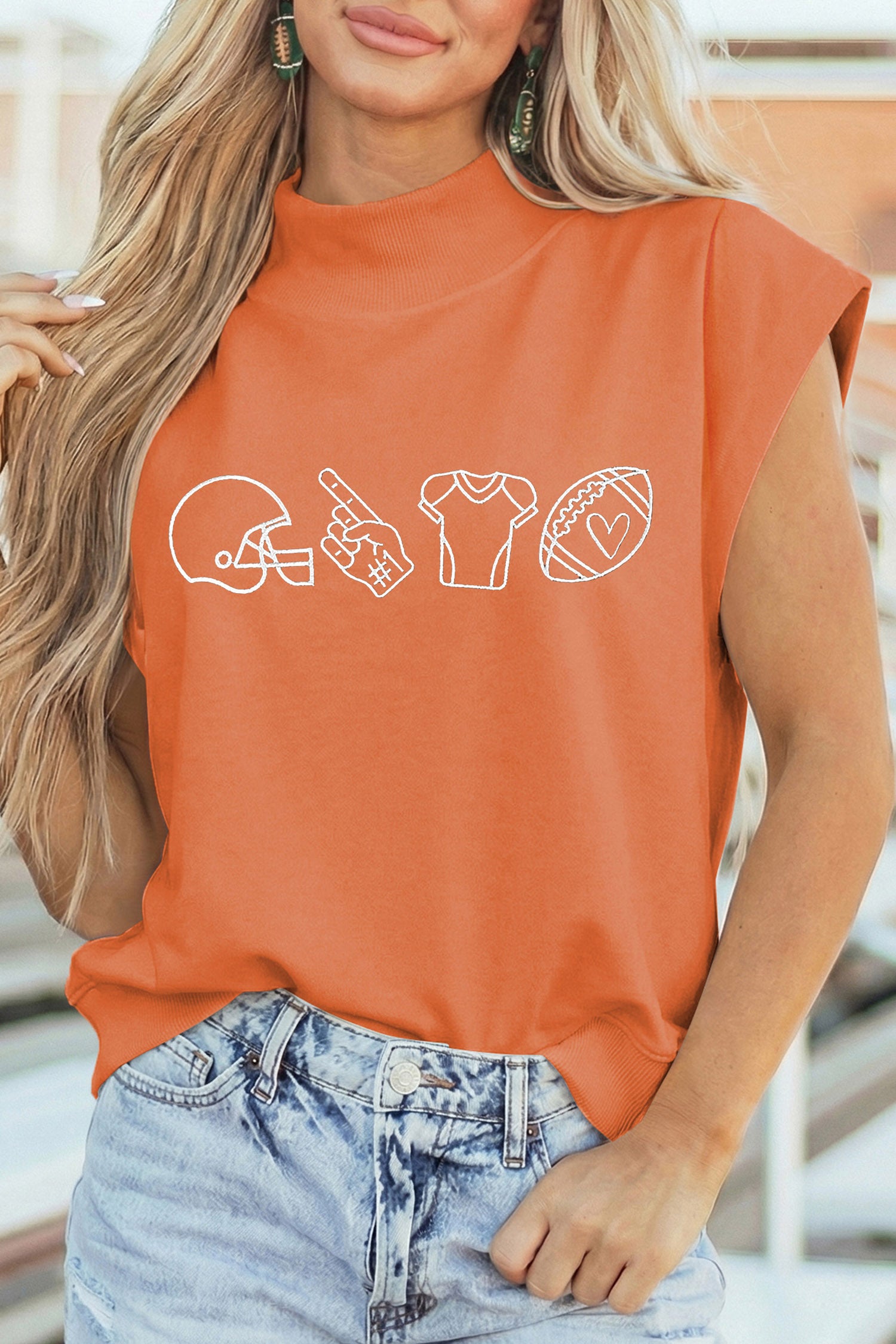 Orange Game Day Pattern Embroidery High Neck Short Sleeve Top