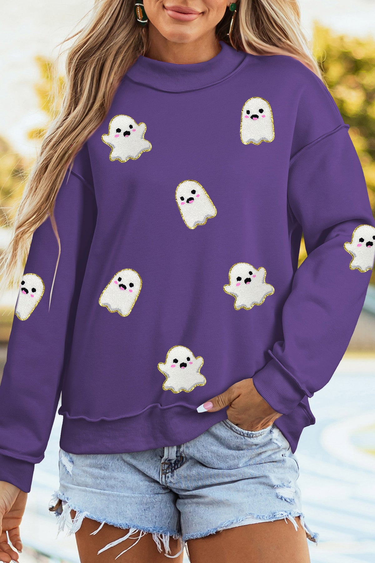 Tillandsia Purple Halloween Ghost Mock Neck Tunic Pullover Sweatshirt