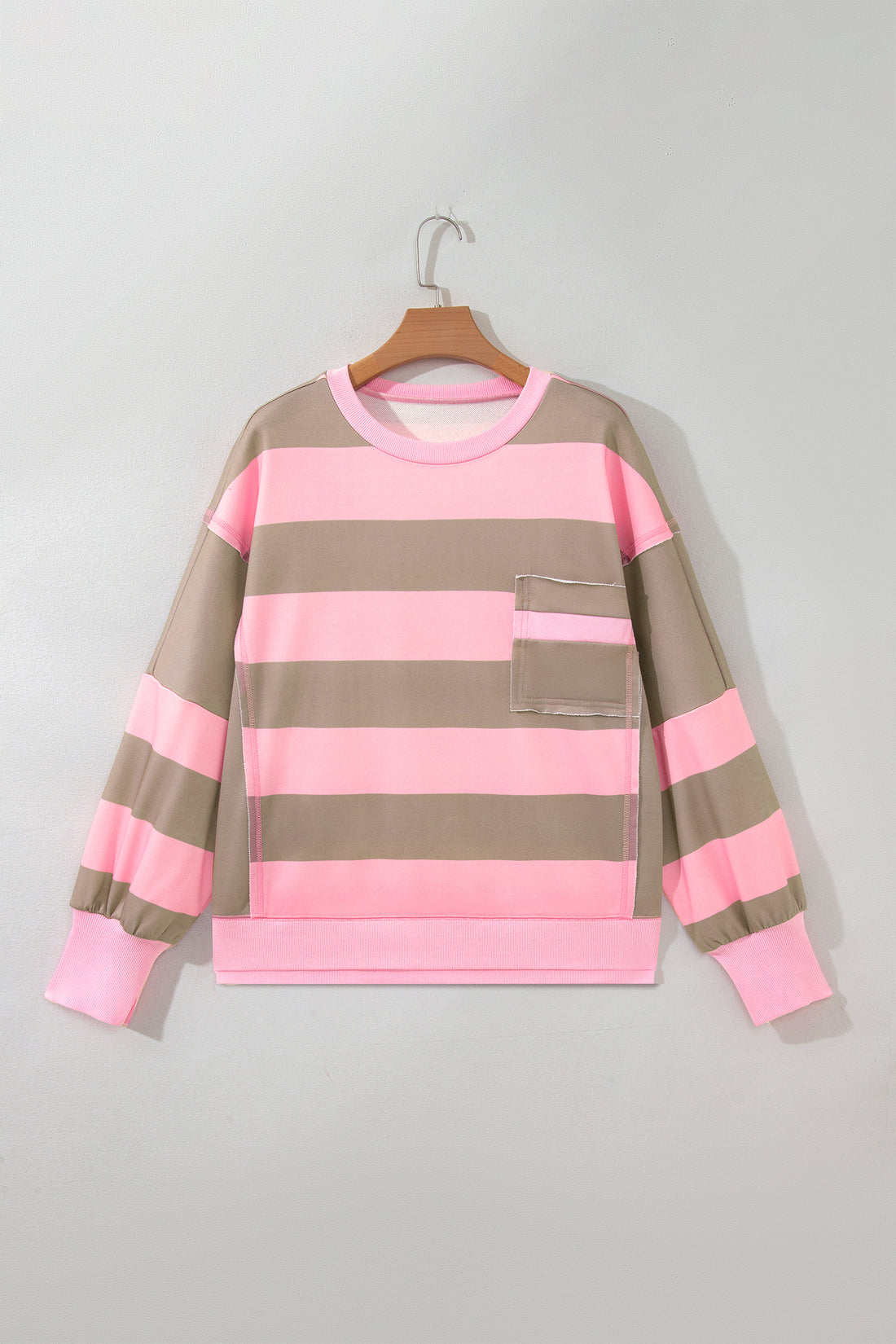 Pink Stripe Raw Seam Patchwork Drop Shoulder Plus Size Sweatshirt