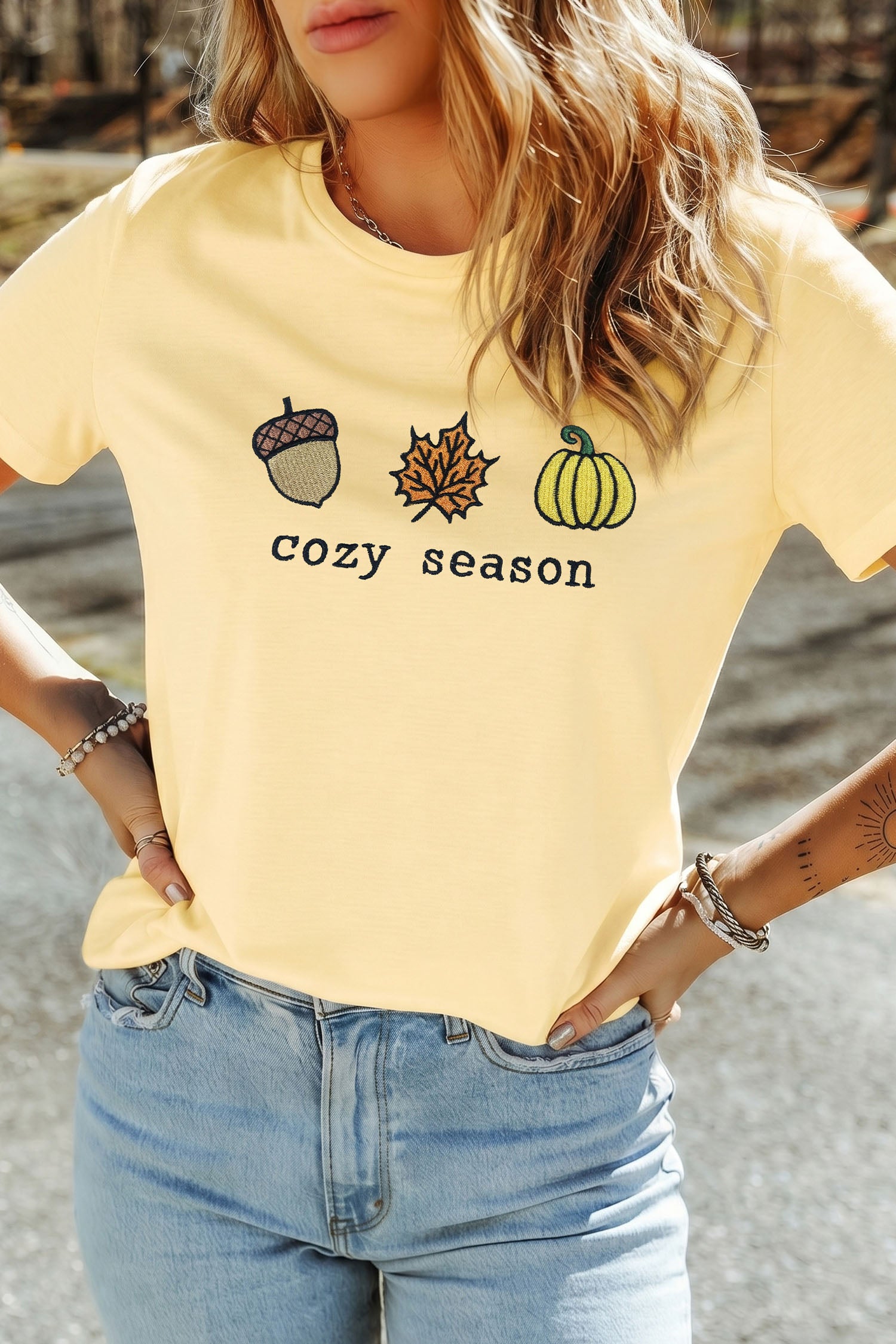 Yellow Cream Embroidered Cozy Season Short Sleeve Casual T Shirt