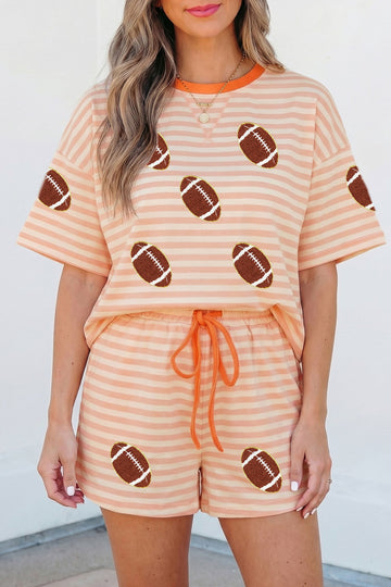 Casual Stripe Chenille Football Pattern Short Sleeve Two Piece Set