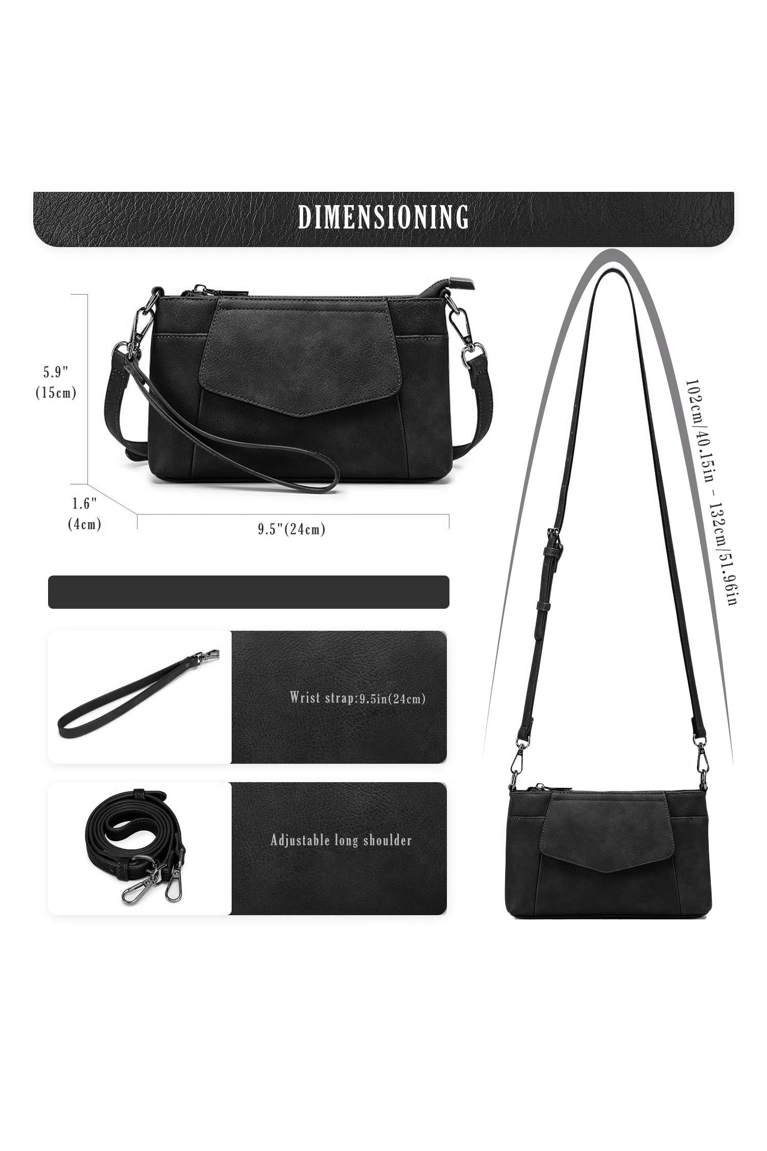 Color black PU Leather Convertible Clutch Single Shoulder Bag
