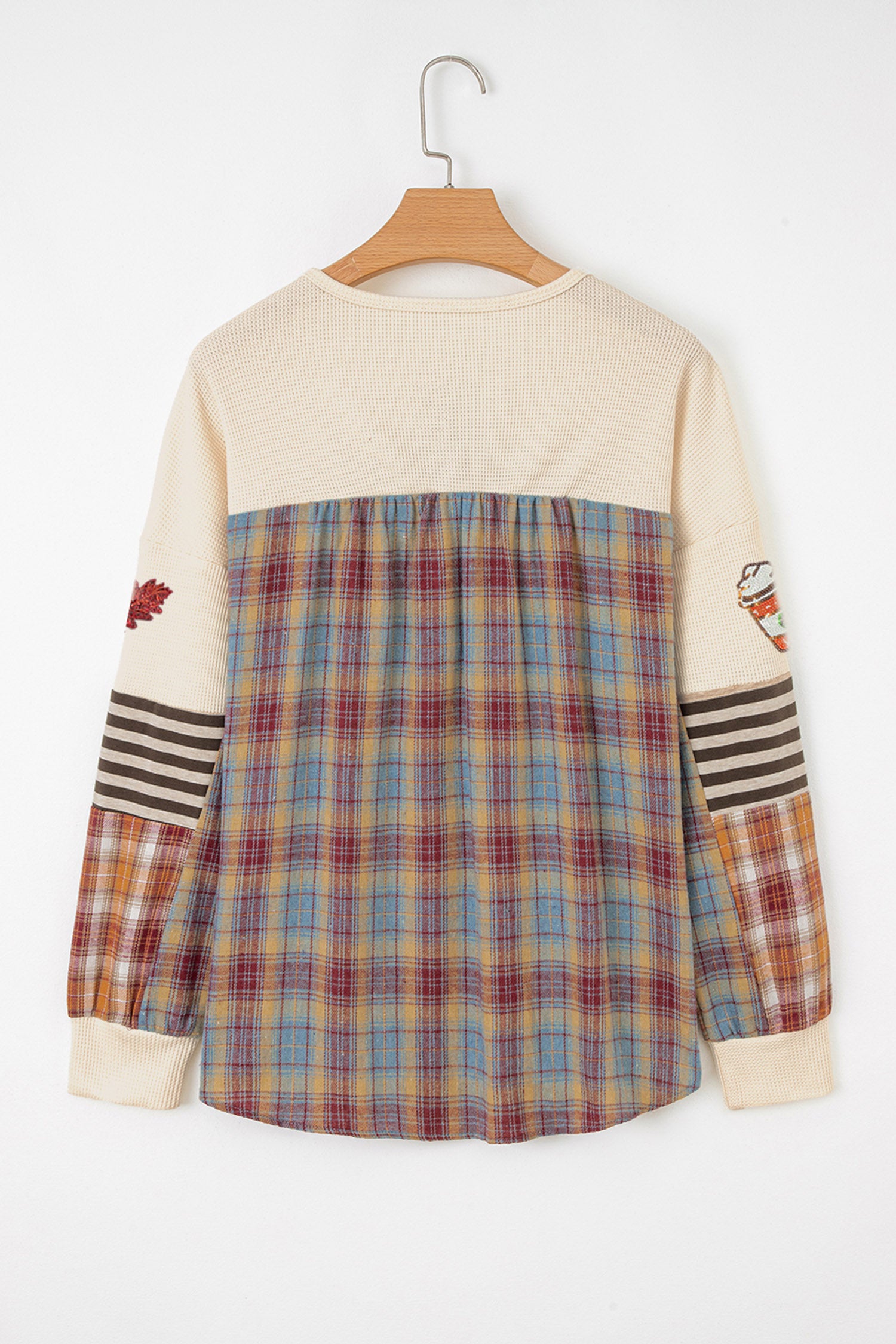 Beige Sequined Fall Vibe Pattern Plaid Stripes Patchwork Waffle Top