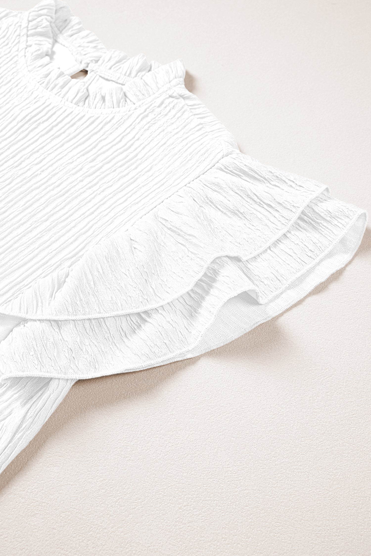 White Solid Color Textured Ruffle Trim Short Sleeve Blouse