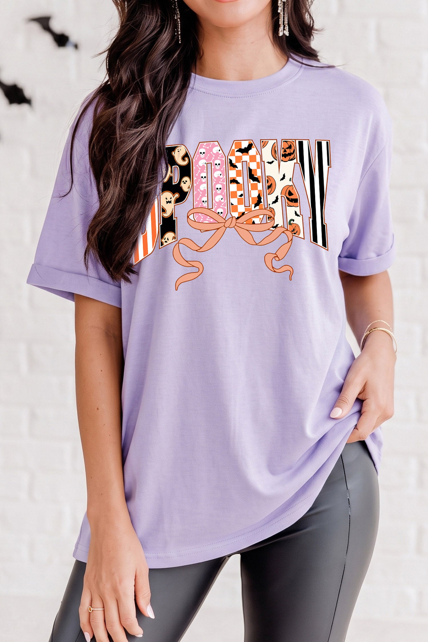 Orchid Petal Spooky Letter Print Round Neck Casual Halloween T Shirt