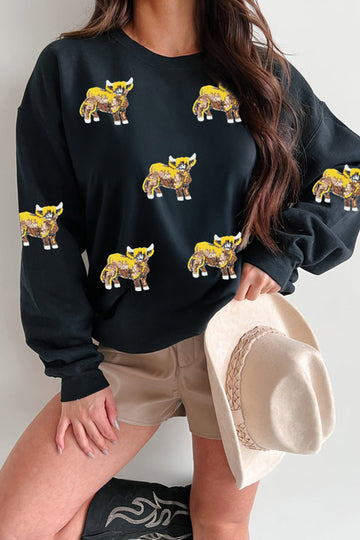 Black Sequined Western Print Long Sleeve Casual Pullover Sweatshirt