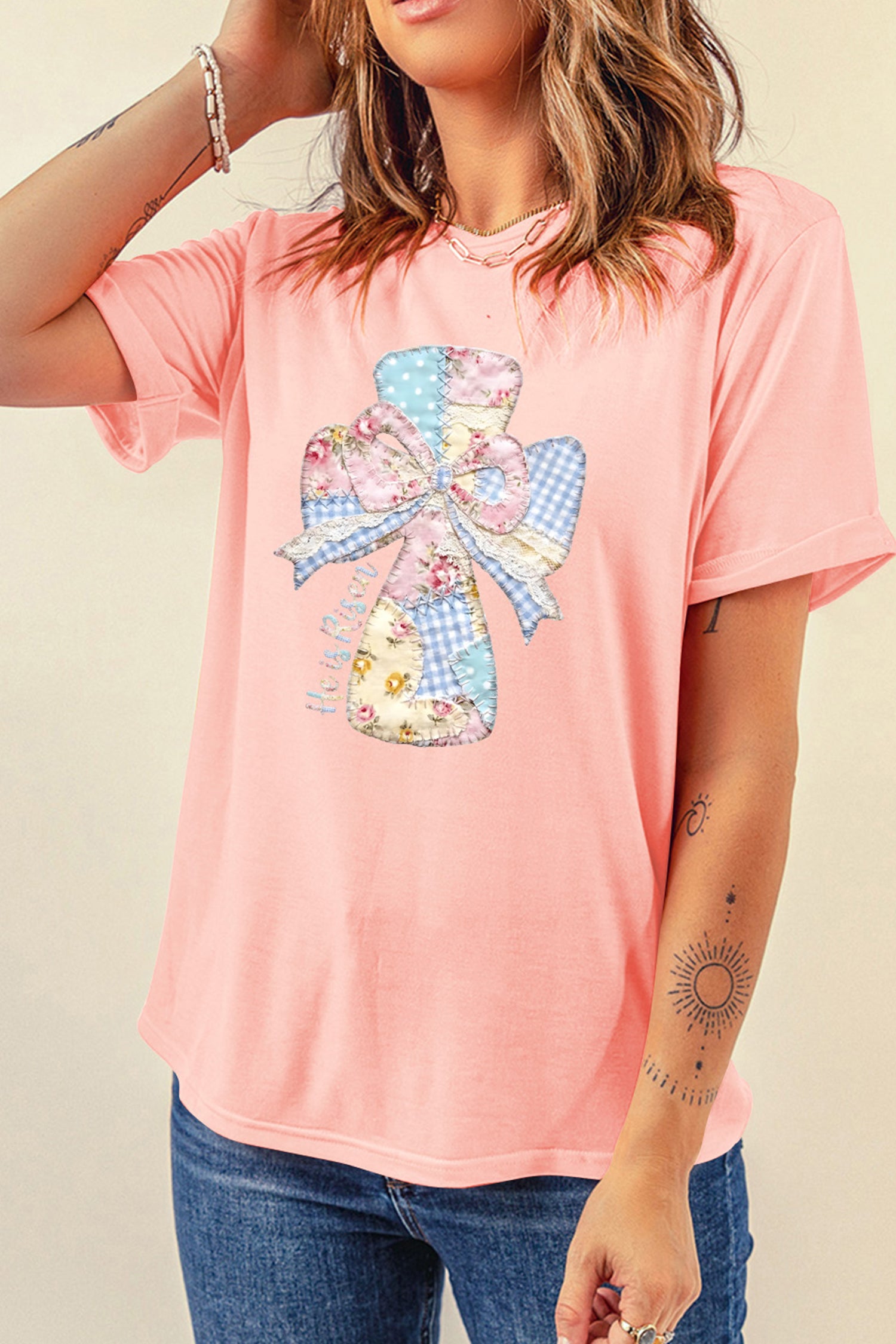 Pink He is Risen Patchwork Bow Cross Printed T Shirt
