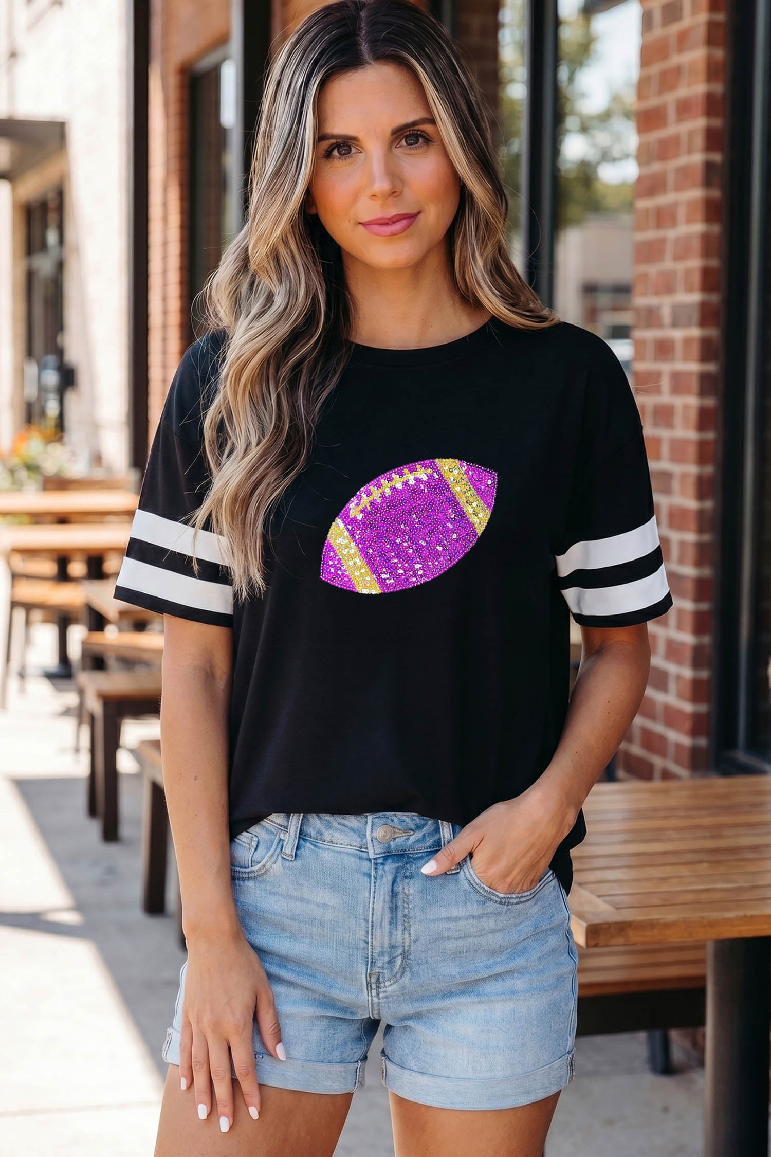 Black Round Neck Short Sleeve Glitter Football Patchwork Casual T-shirt