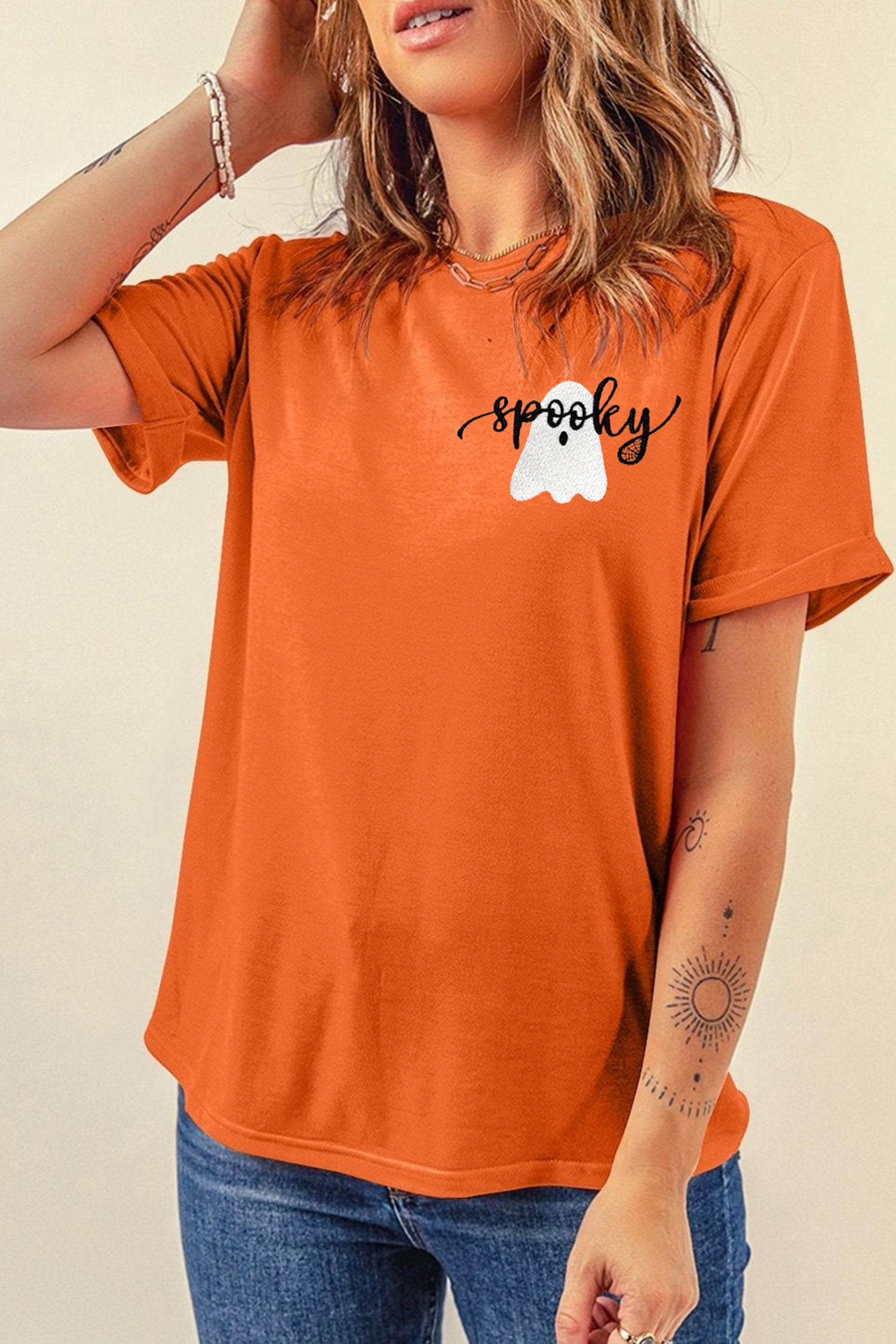 Orange Embroidered Spooky Ghost Graphic Halloween T-Shirt