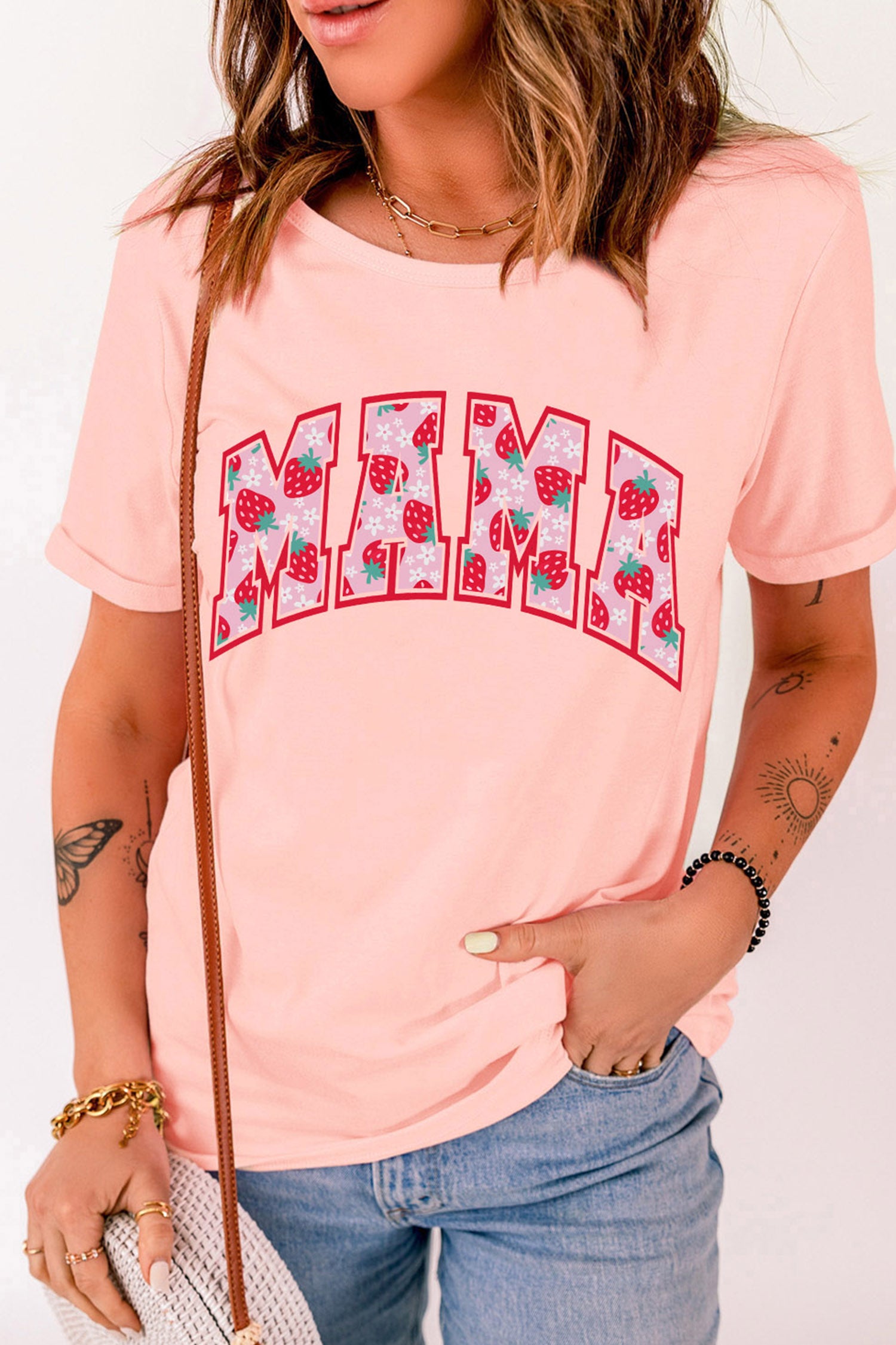 Pink Floral Strawberry MAMA Lettering Graphic Tee