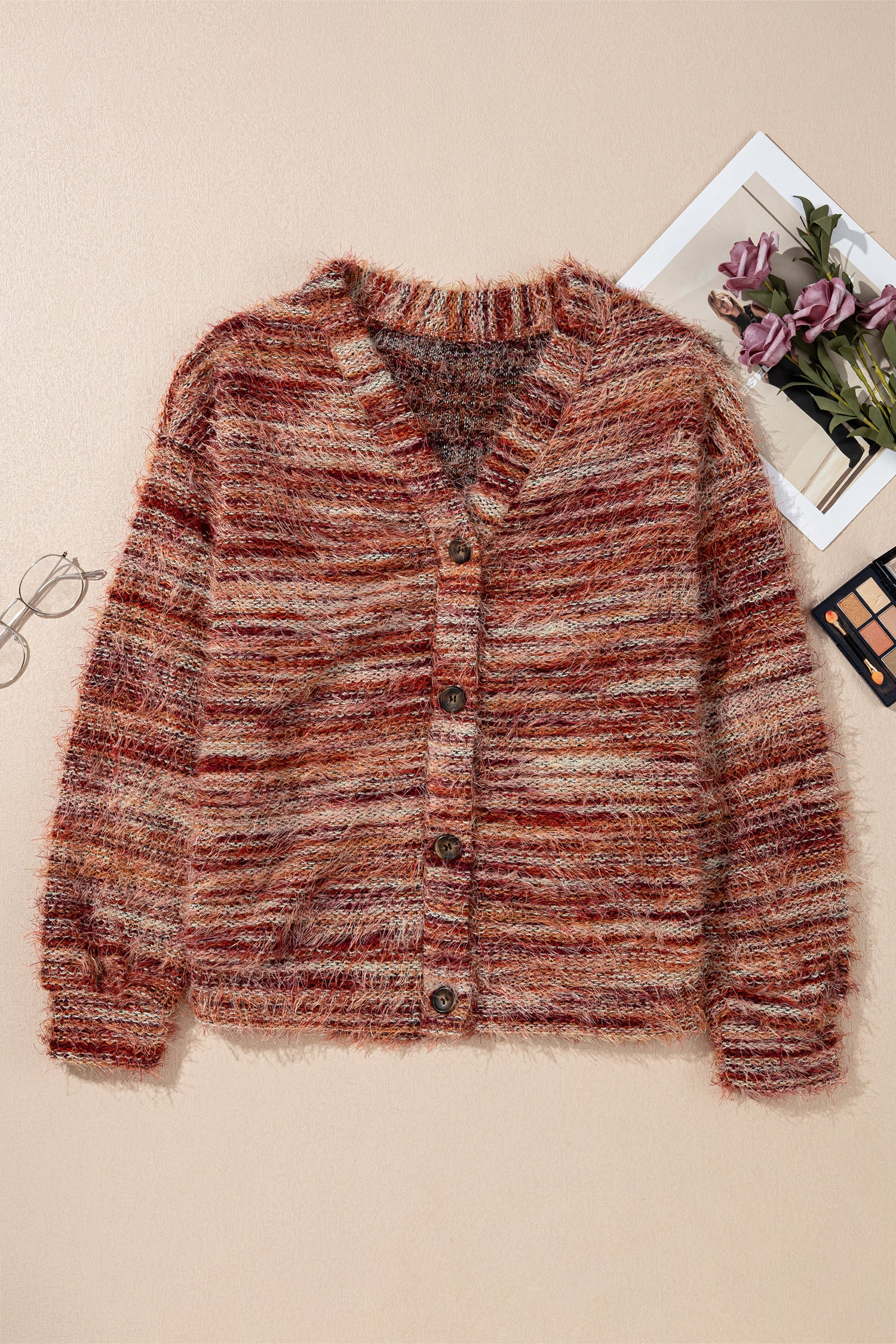Tawny Fuzzy Striped Button Front Cardigan Sweater