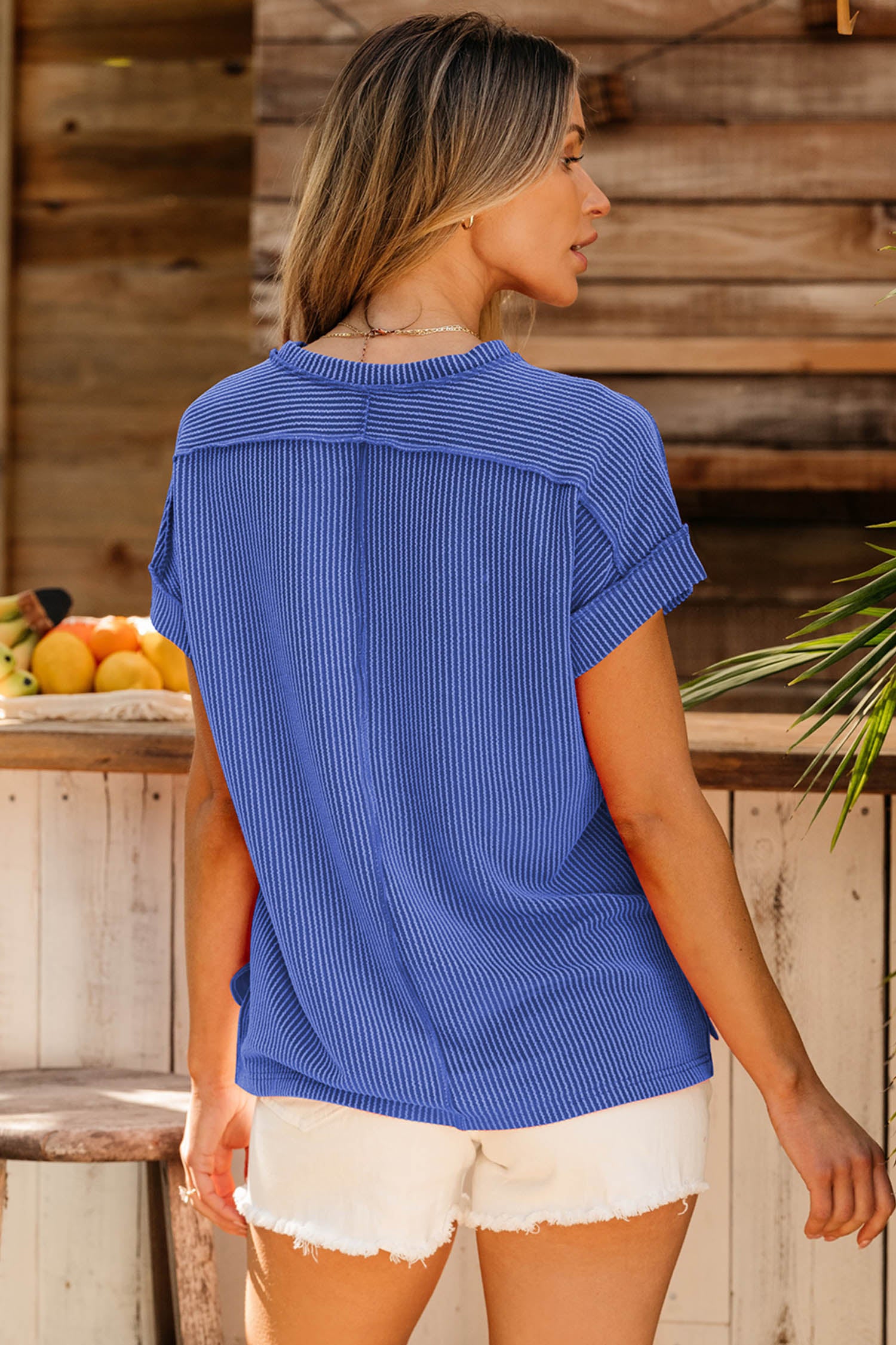 Dark Blue Sequin Bow Rugby Detail Twisted Ribbed Casual Game Day Top