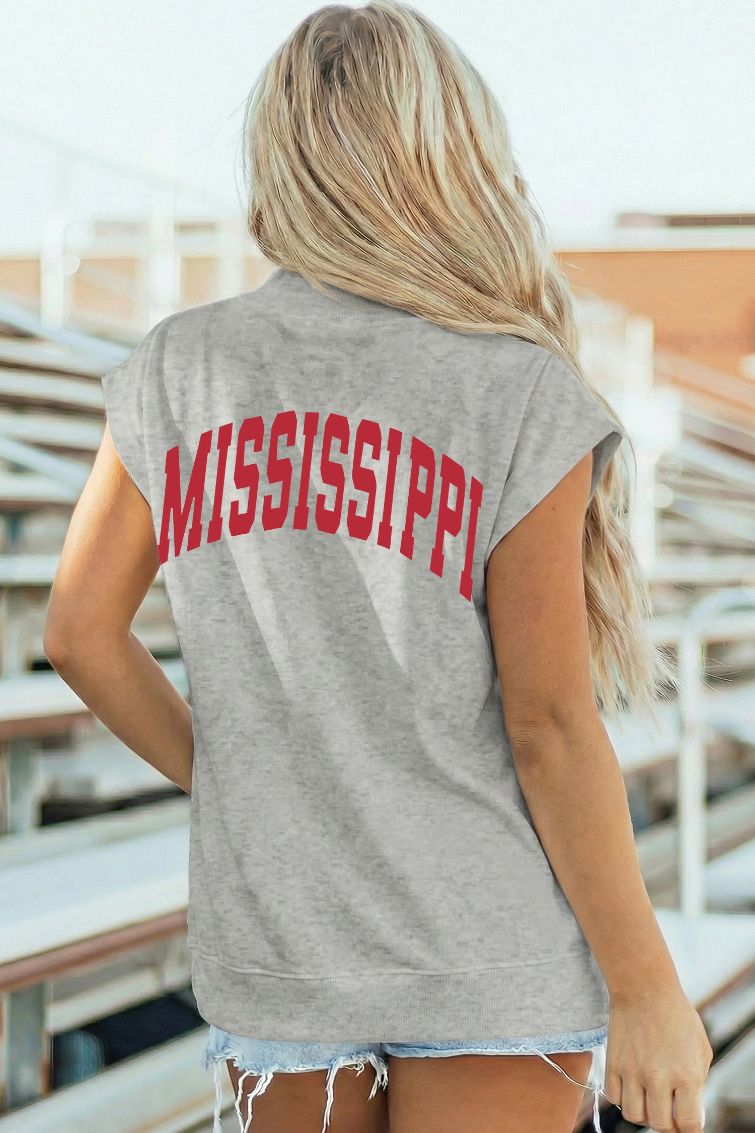Light Grey MS/ MISSISSIPPI Double Side Printed Mock Neck Tee