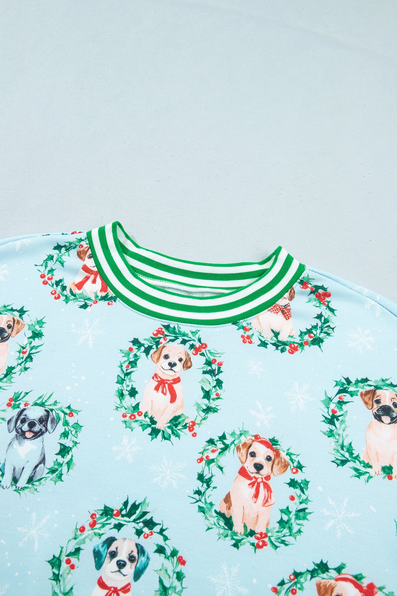 Sky Blue Abstract Dog Print Ribbed Cuff Round Neck Long Sleeve Sweatshirt
