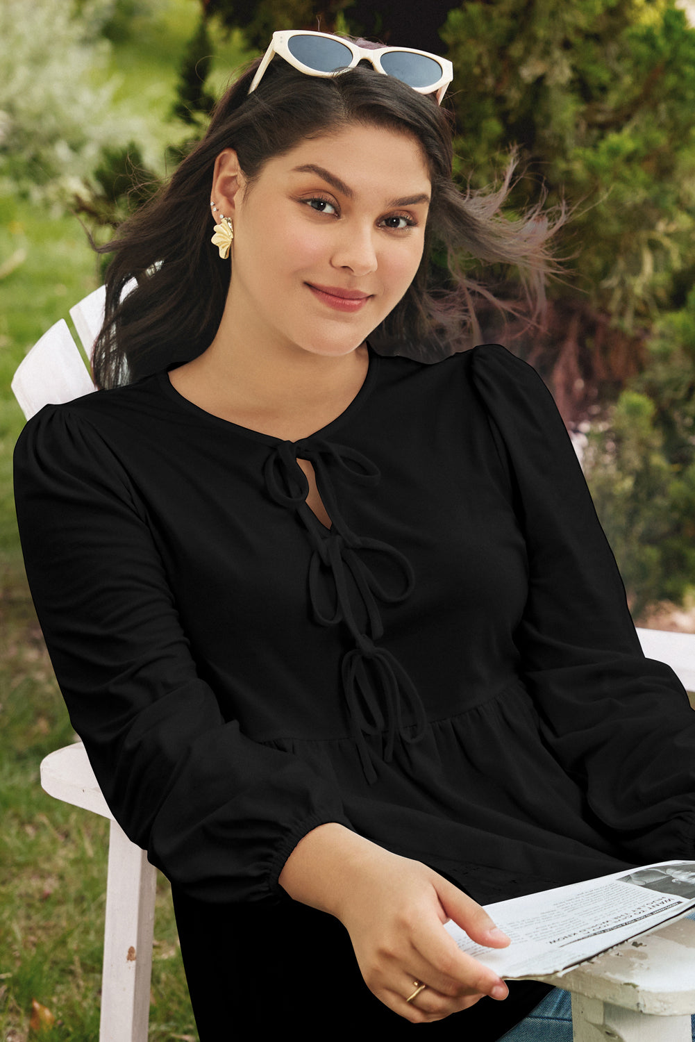 Black Solid Color Bow Tie Front Long Sleeve Plus Size Peplum Blouse