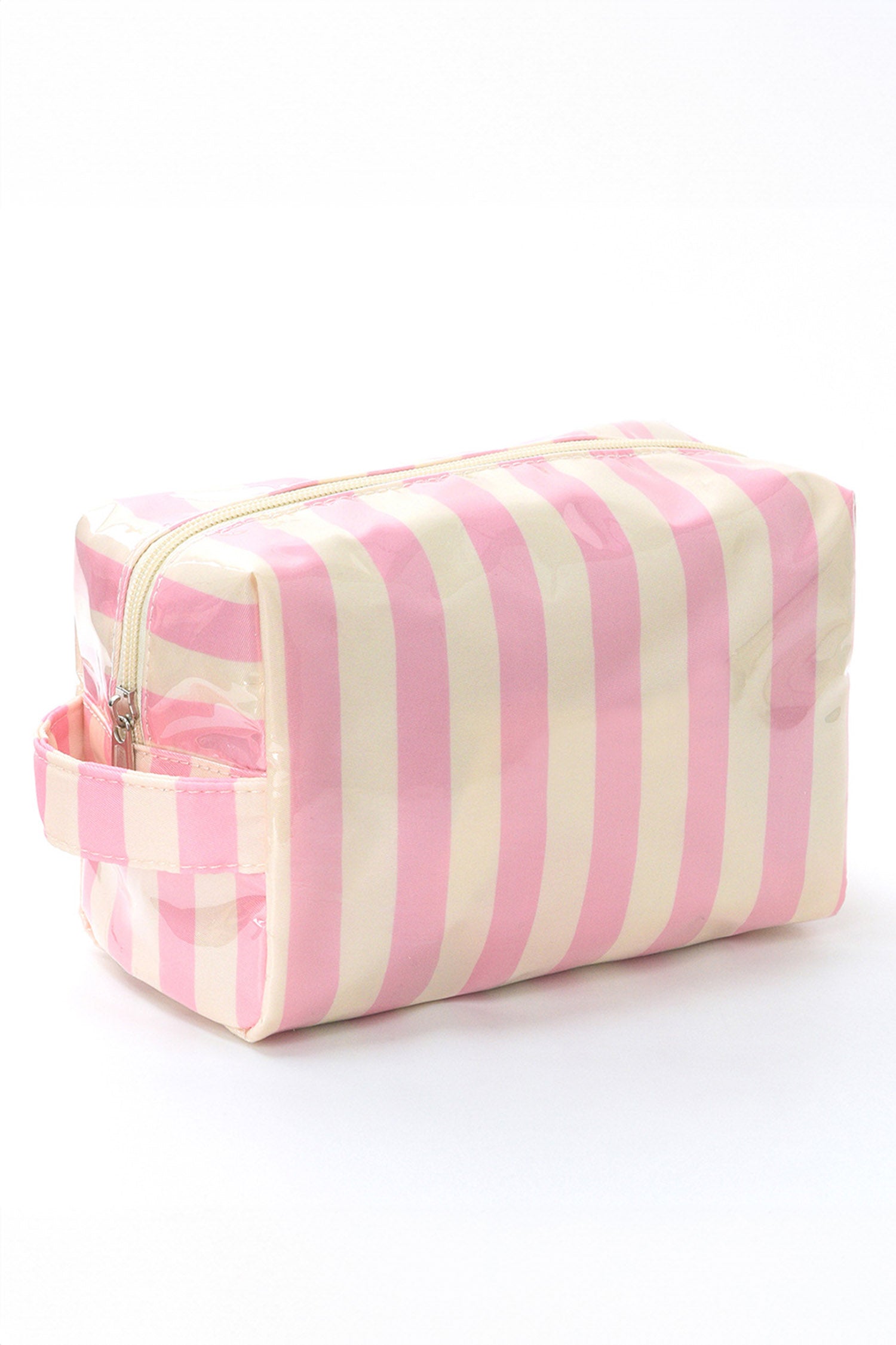 Light Pink PVC Striped Cosmetic Bag Durable Zipper Handle Travel Organizer
