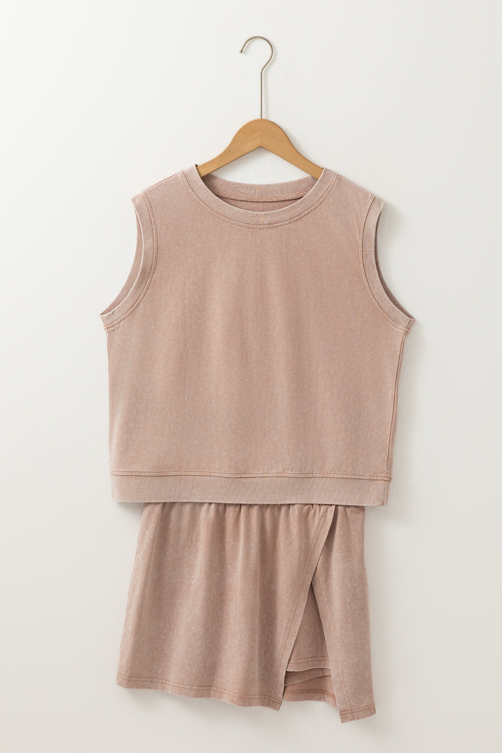 Smoke Gray 2 Pieces Mineral Wash Cotton Tank Top Lined Split Skort Set