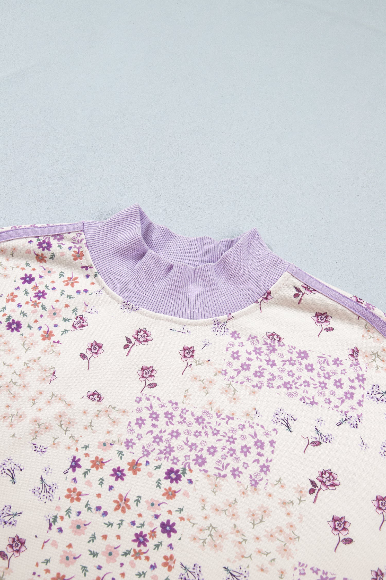Purple Floral Print High Neck Colorblock Sleeve Paneling Sweatshirt