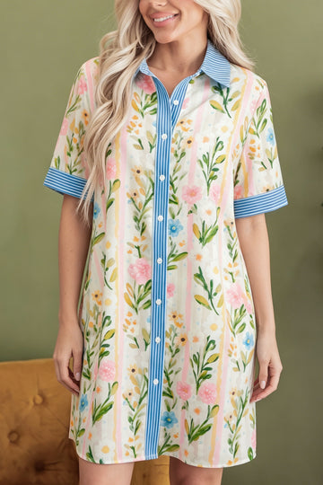 Multicolour Floral Print Striped Trim Button Down Shift Dress