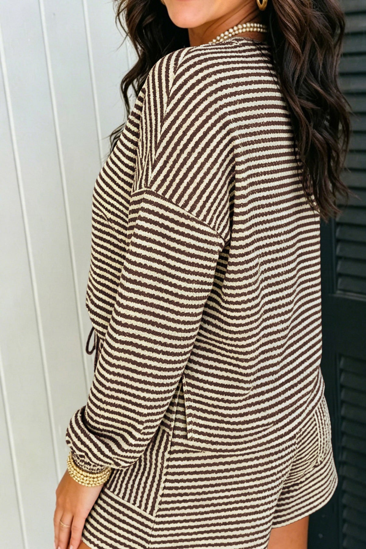 Brown Stripe Textured Knit Long Sleeve Top Elastic Waist Shorts Casual Outfit