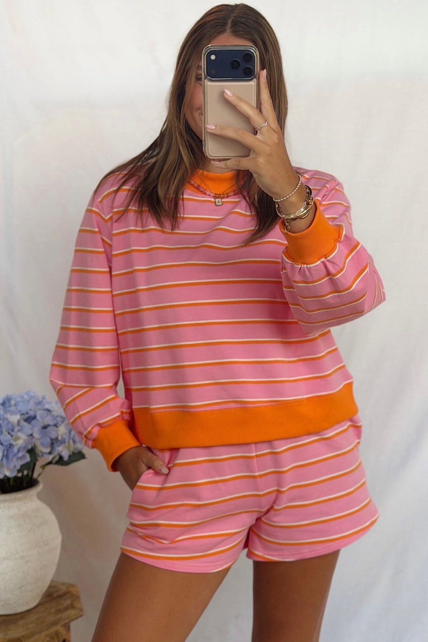 Rose Stripe Color Block Trim Long Sleeve Pullover Pocketed Shorts 2pcs Set