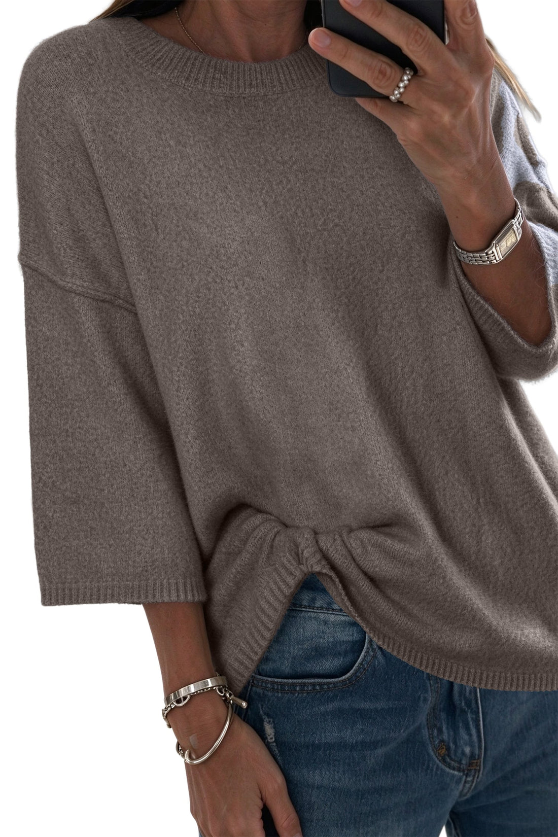Simply Taupe Solid Color Knit Half Sleeve Round Neck Shift Sweater