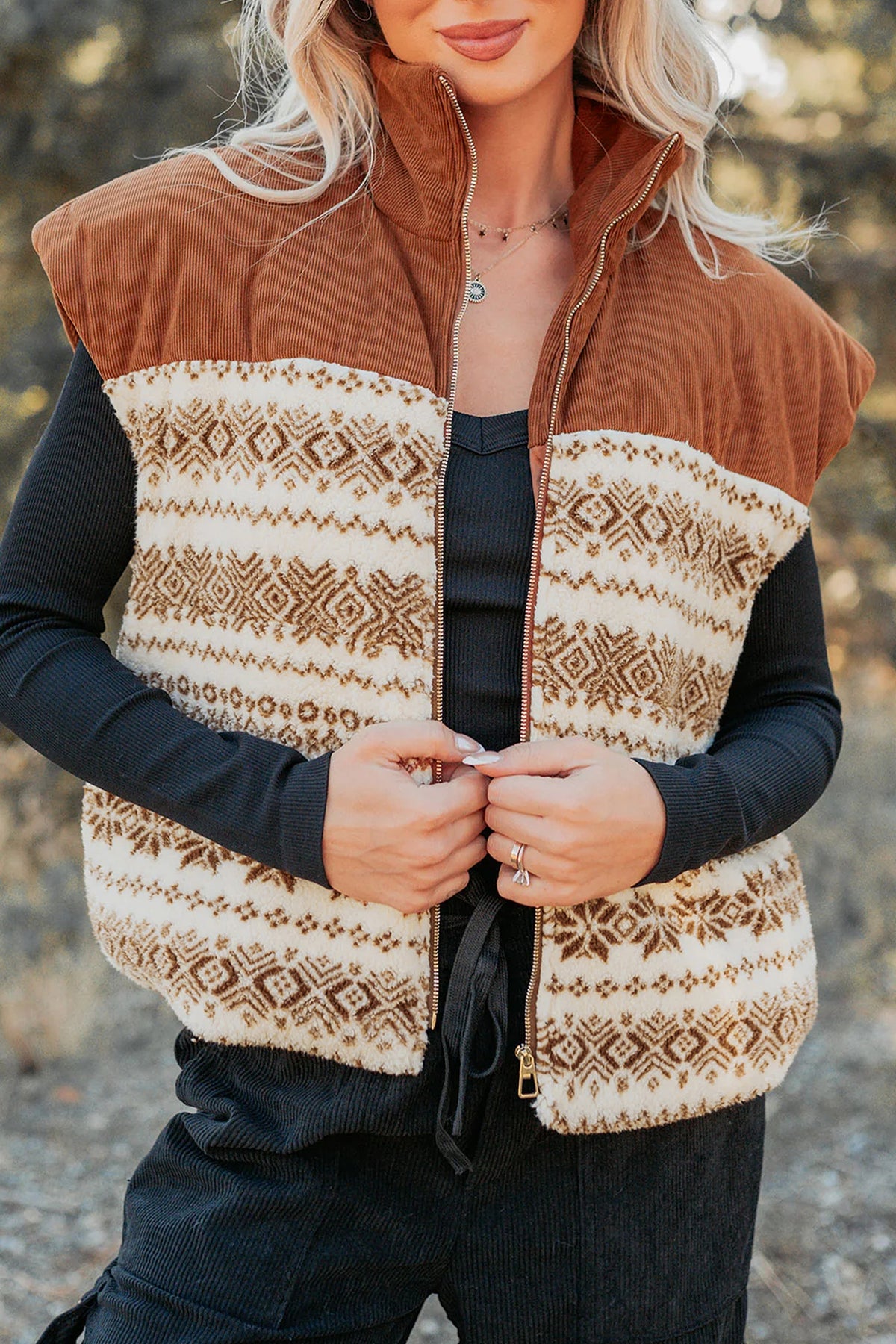 Brown Geometric Print Fleece Metal Zipper Collar Patchwork Design Vest
