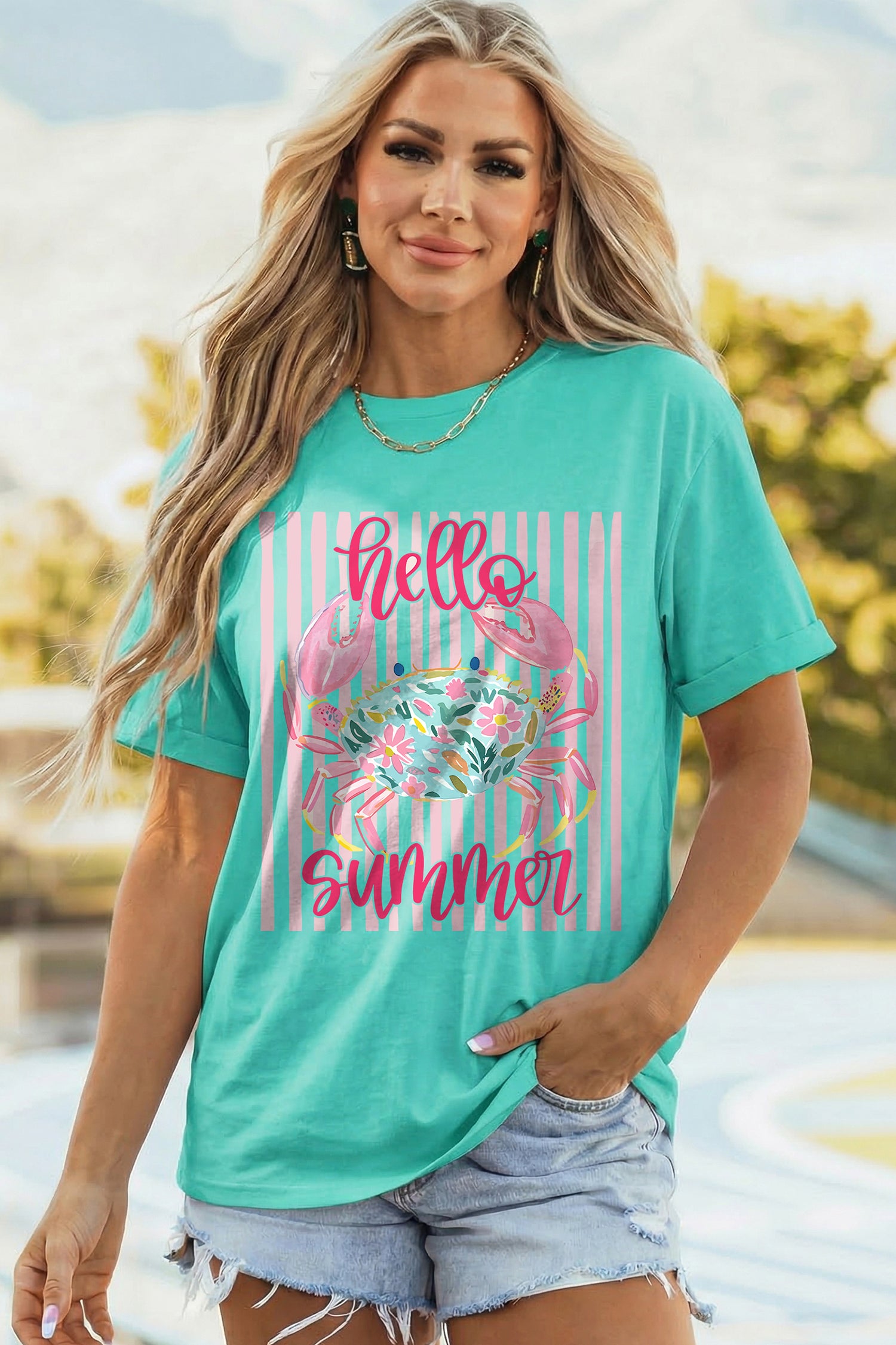 Mint Green Hello Summer Crab Print Loose Fit Short Sleeve T-Shirt