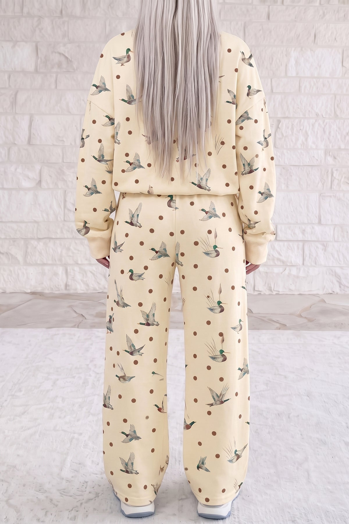 Beige Polka Dot Mallard Print Crewneck Pullover Two Piece Pants Set