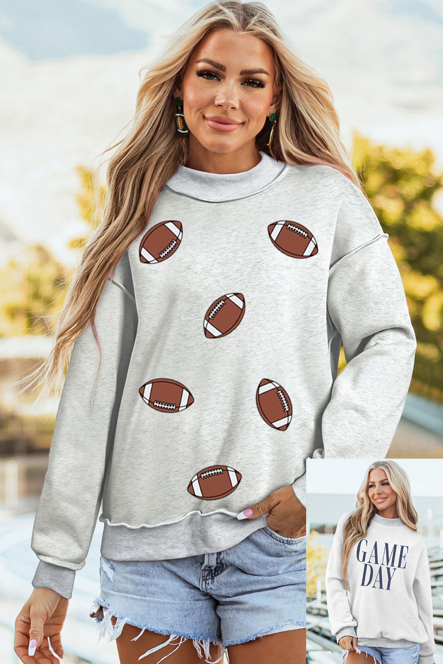 Light Grey Rugby/ GAME DAY Double Side Print Reversible Baggy Sweatshirt