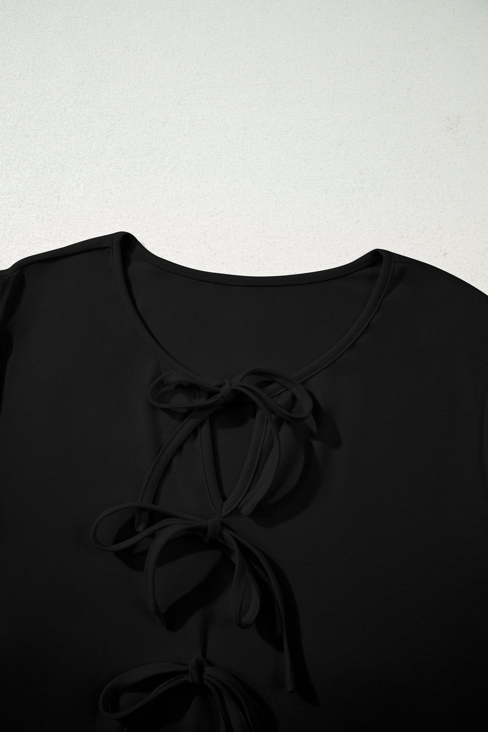 Black Solid Color Bow Tie Front Long Sleeve Plus Size Peplum Blouse
