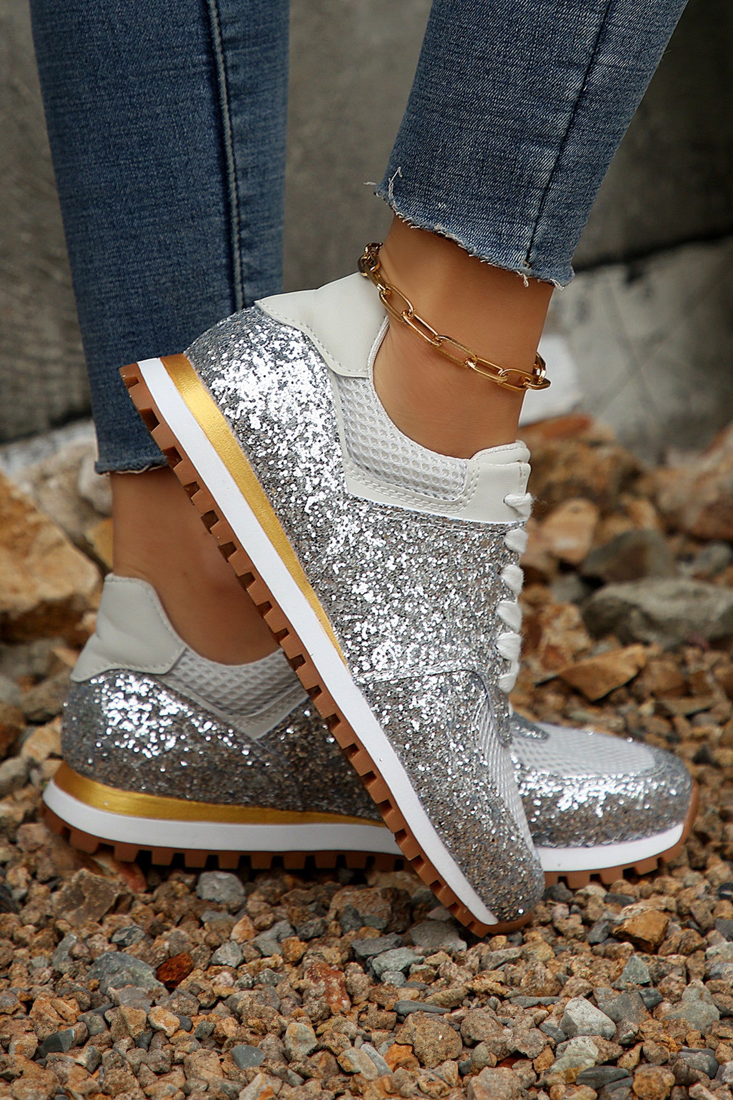 Silvery Sequin Mesh Patchwork Lace Up Sneakers