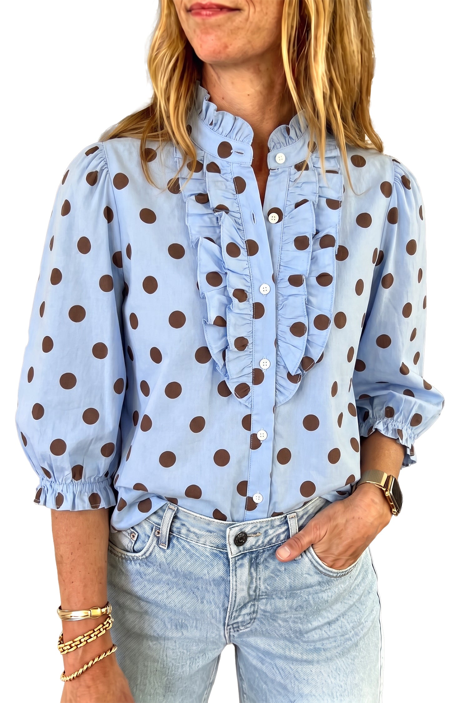 Sky Blue Polka Dot Print Ruffle Stand Neck 3/4 Sleeve Shift Shirt