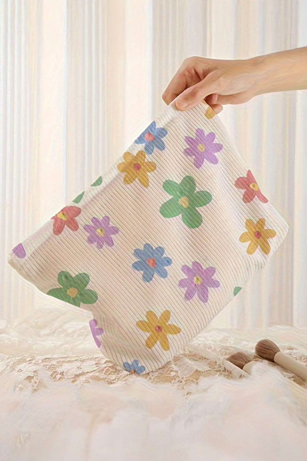 White Flower Print Rib Textured Large Cosmetic Bag