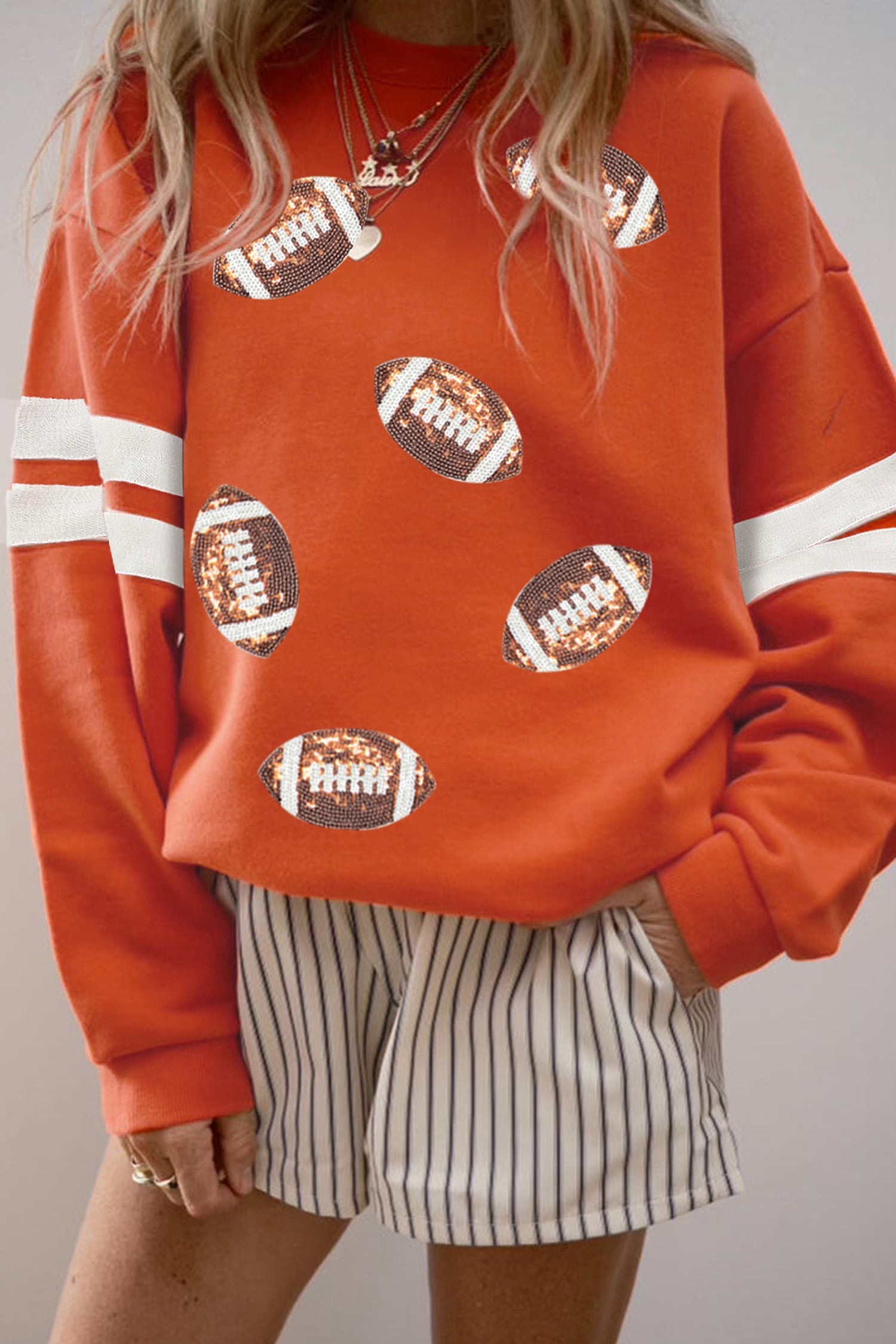 Orange Varsity Striped Detail Sequin Rugby Graphic Pullover Sweatshirt