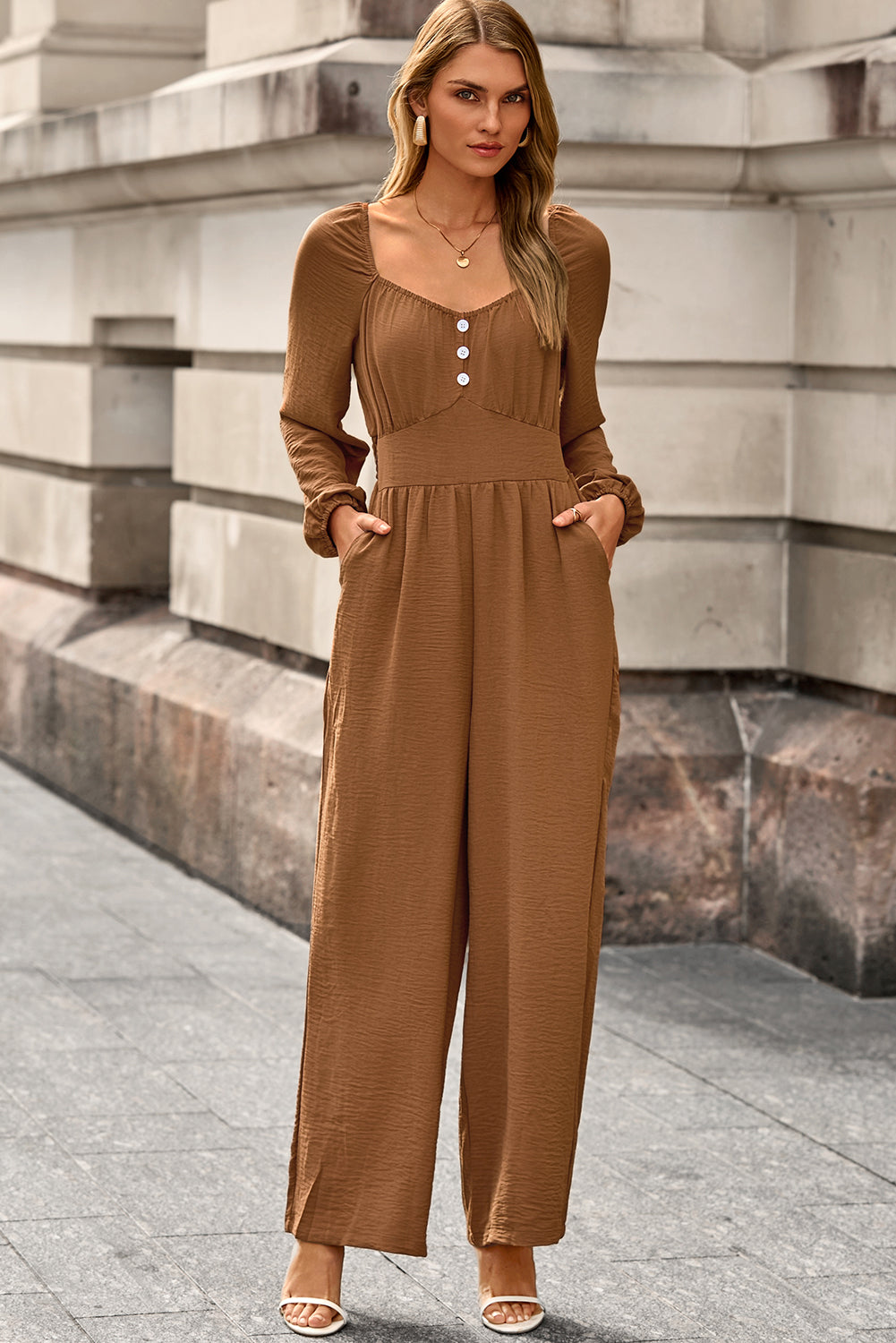 Chestnut Solid Color Long Sleeve Shirred Button Detail Straight Leg Jumpsuit