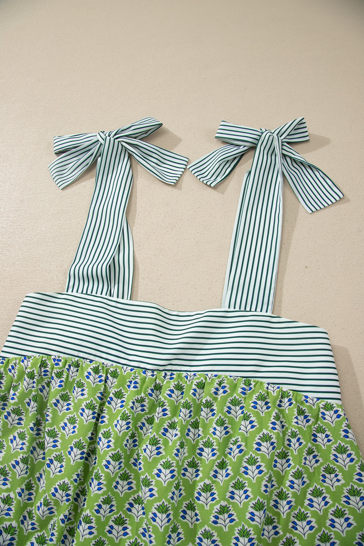 Green Floral Printed Knot Straps Babydoll Tank Top