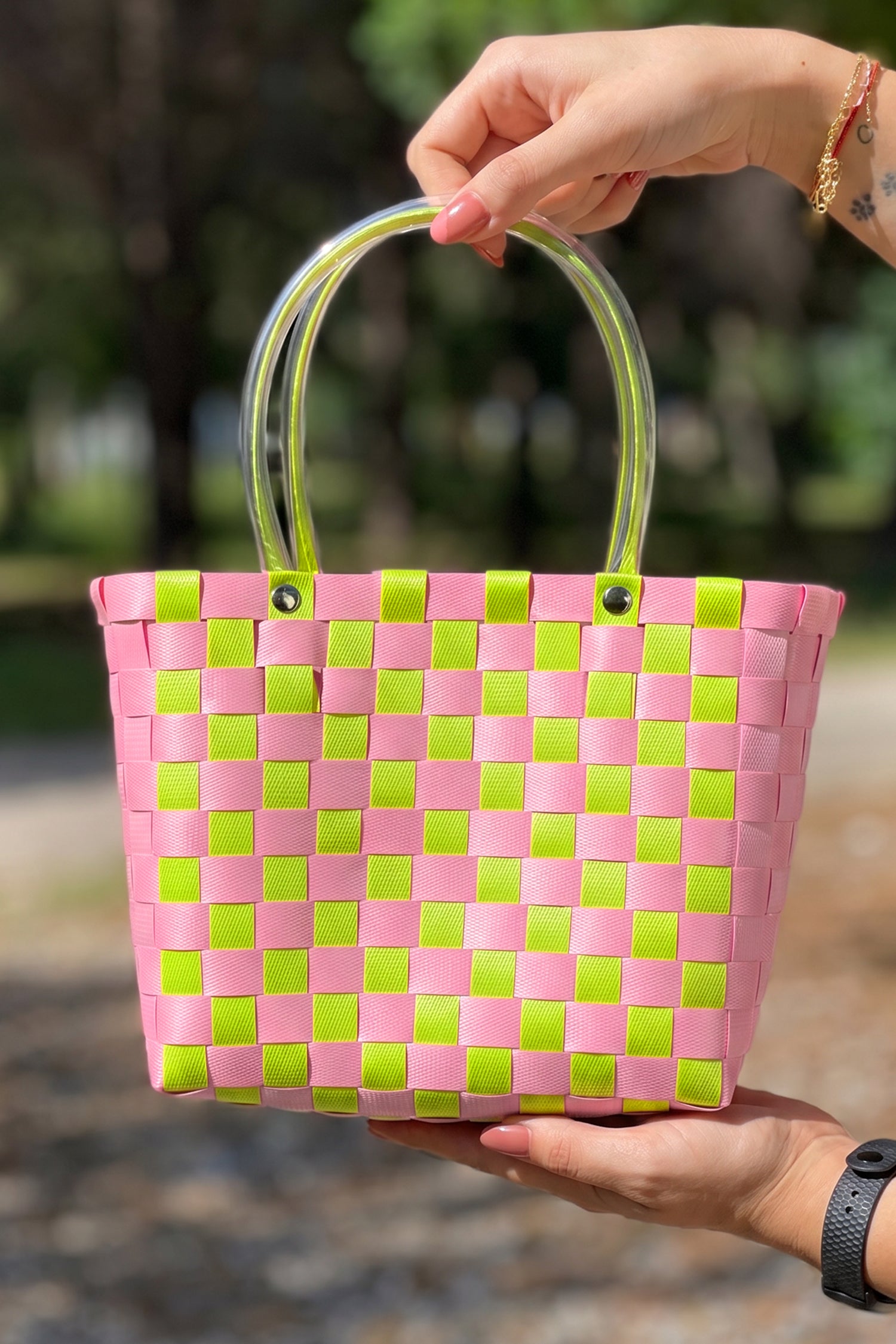 Bright Pink Checkered Straw Woven PU Handles Tote Bag