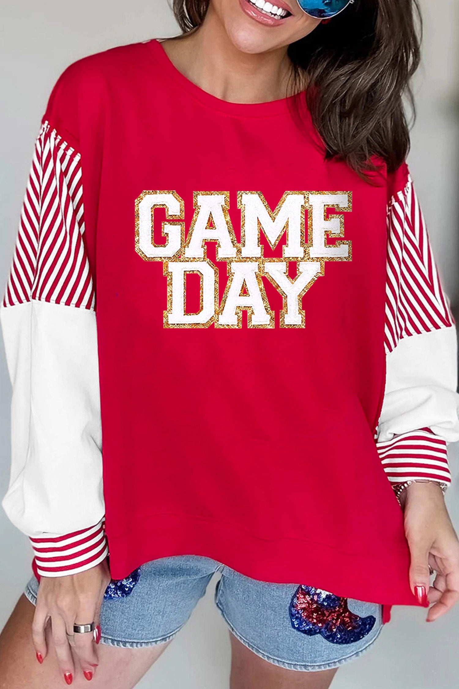 Fiery Red Striped Color Block Sleeve Game Day Graphic Pullover Sweatshirt