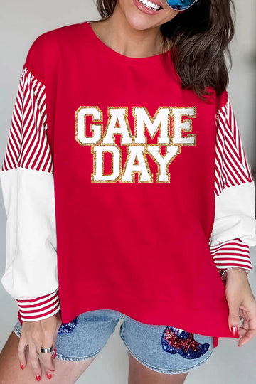 Fiery Red Striped Color Block Sleeve Game Day Graphic Pullover Sweatshirt
